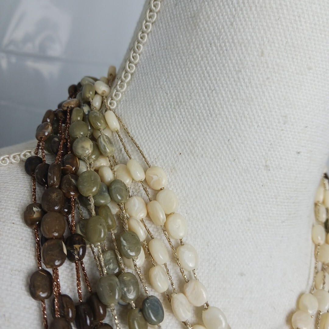 Layered Statement Necklace Multi Ivory Green Earth Tone Beaded Boho Wear To Work