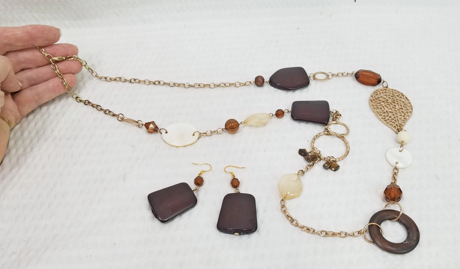 Chunky Brown, Beige and MOP Bead Gold Tone Filigree Necklace & Earring Set