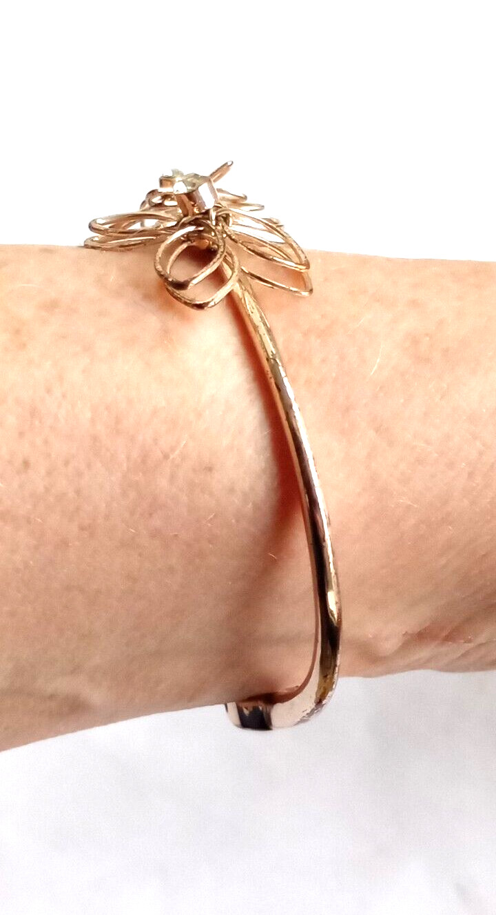 Flower Hinged Bangle Bracelet Modernist Minimalist Open Work Rose Gold Tone 6-8