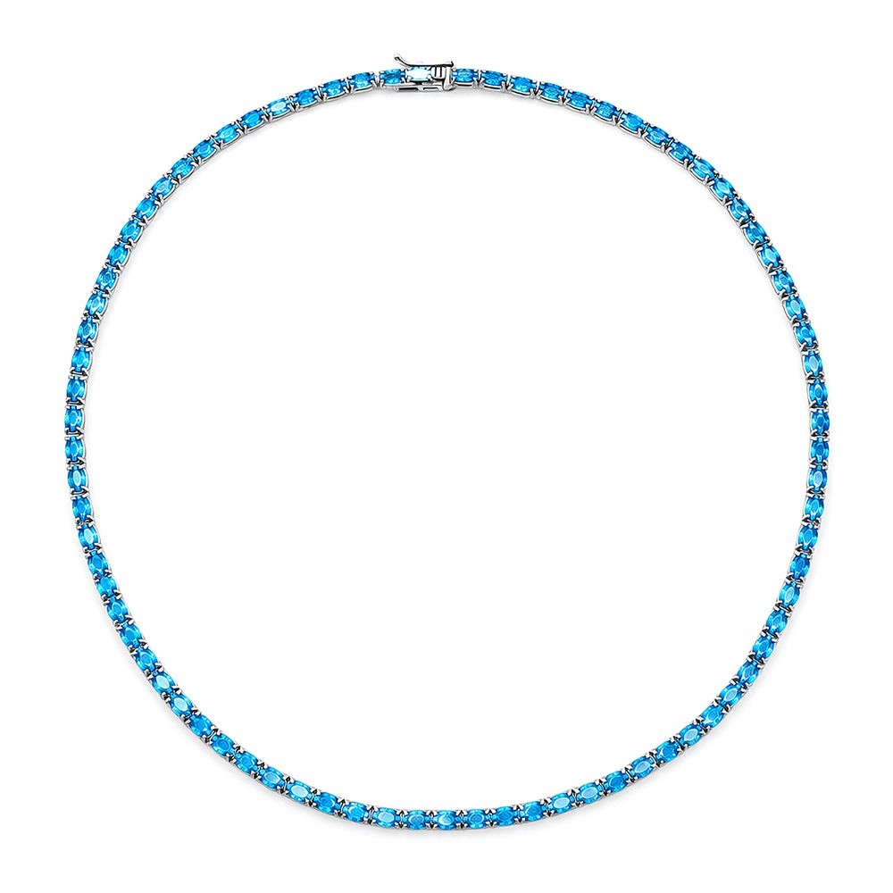 925 Sterling Silver Aqua CZ Classic Oval Tennis Necklace For Women