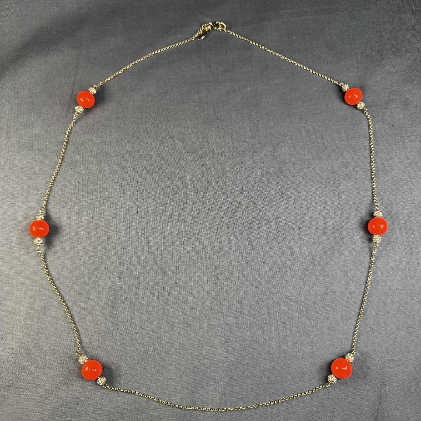 Ann Taylor Long Orange Red Beaded Rhinestone Station Necklace 35 in