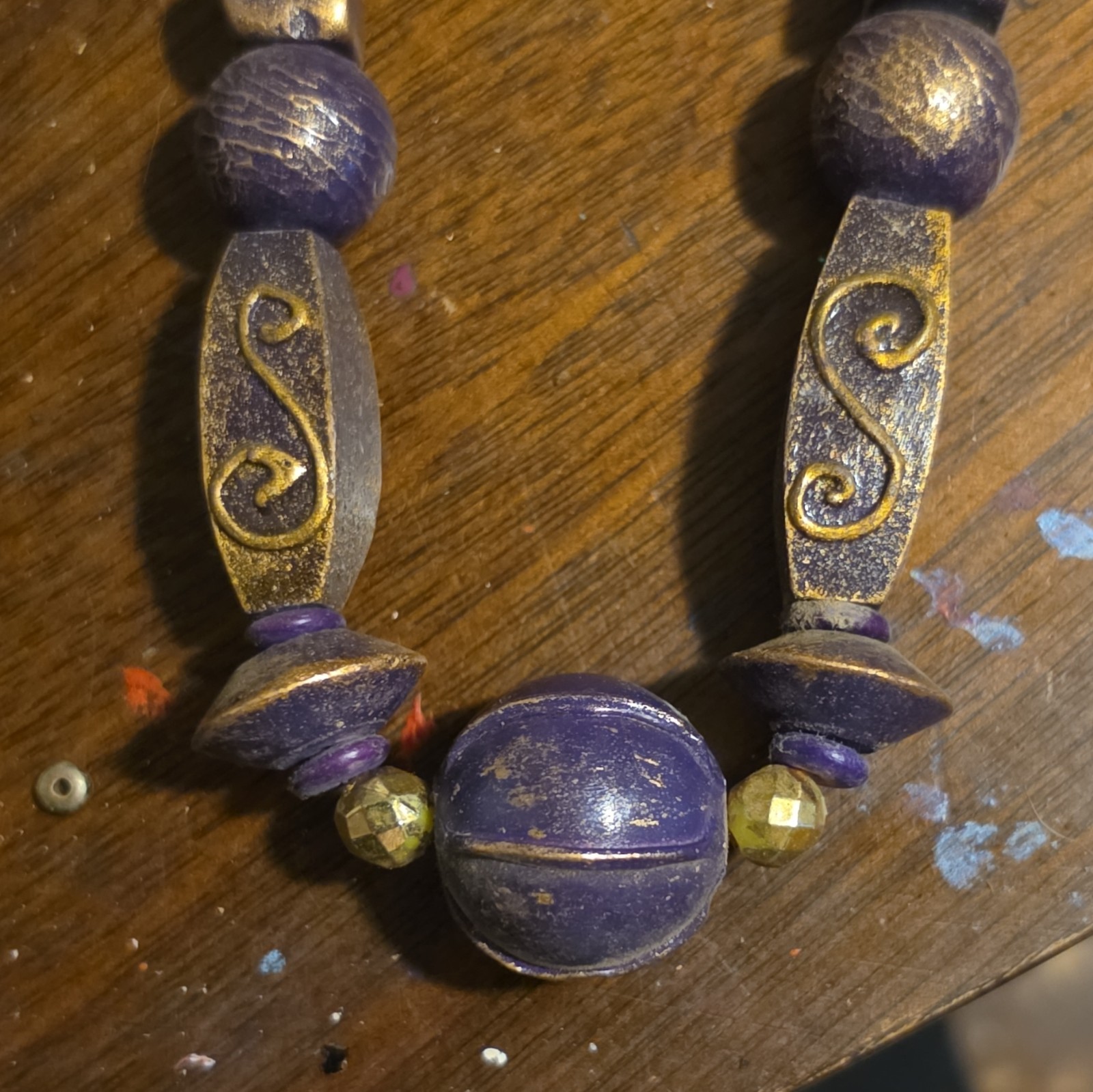 Beaded Necklace Lot of 3, Black Purple Orange, Wood & Plastic, Hook