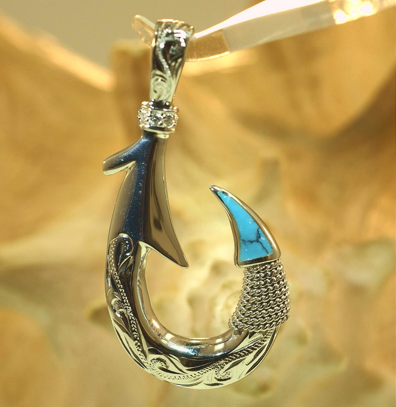 28MM HAWAIIAN 925 SILVER HEAVY DUAL SCROLLS FISH HOOK INLAY TURQUOISE CZ PENDANT