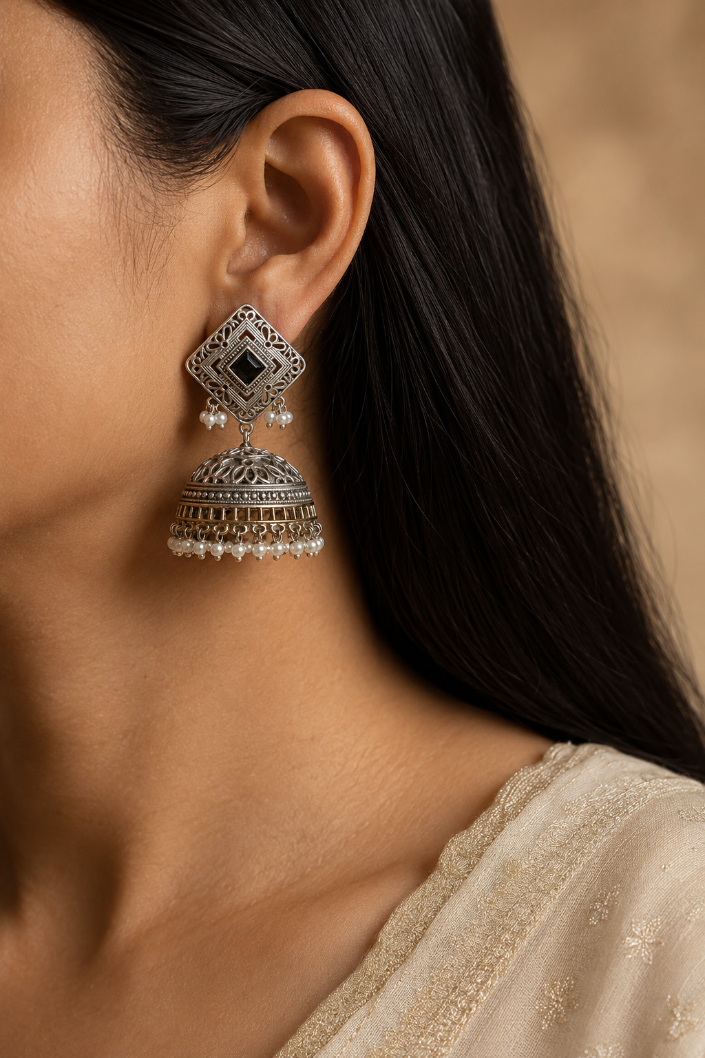 Zubi Handcrafted Silver Jhumka Earrings with Black Square Pearl Roz Jeweller.
