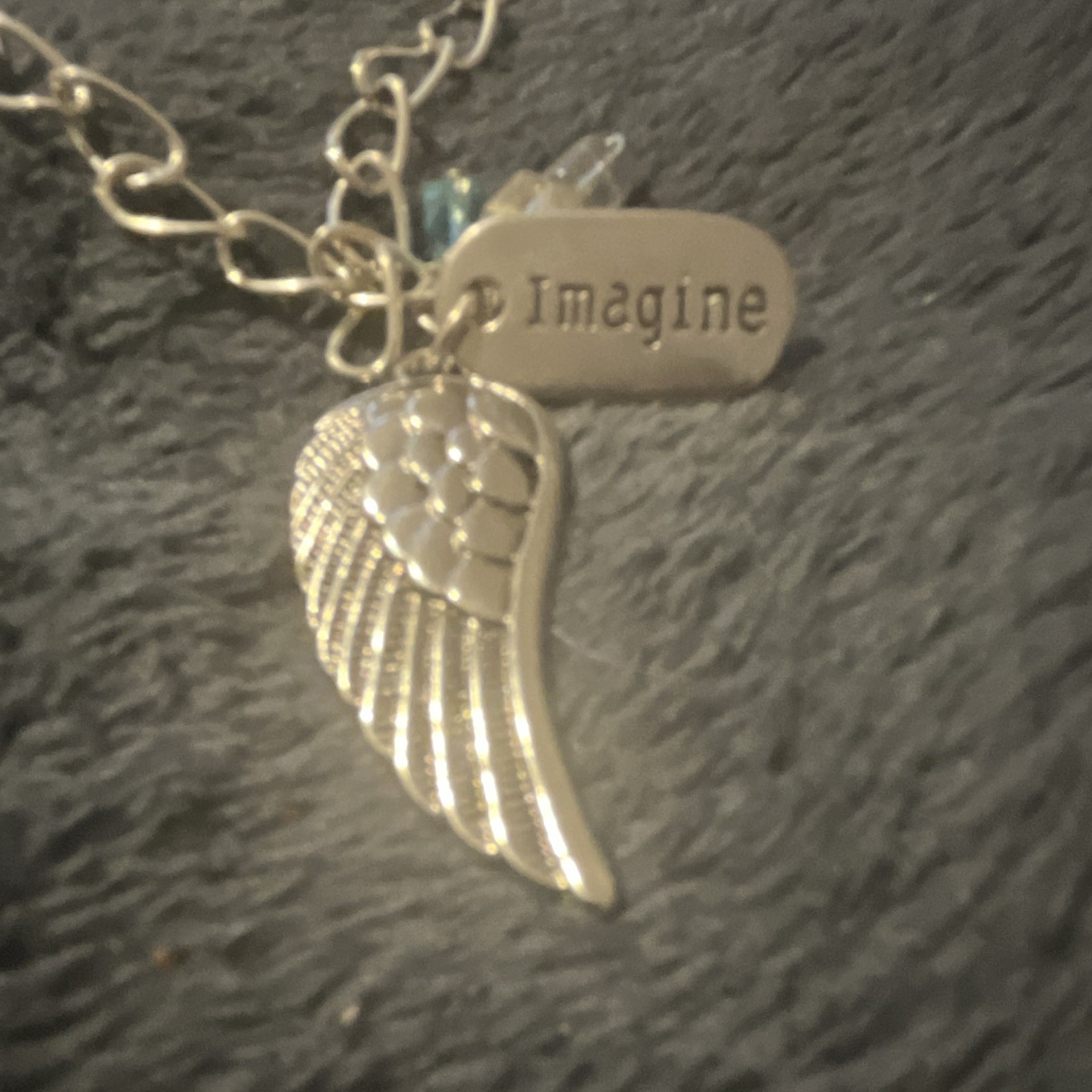 Silver Tone Cable Chain Necklace Angel Wing Charm Pendant “Imagine” “Dream” Tags