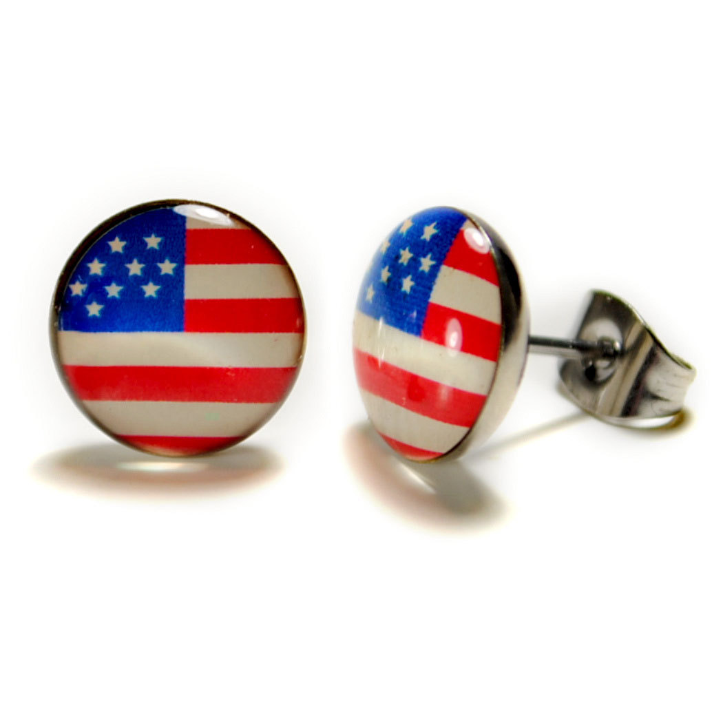 STAINLESS STEEL POST EARRINGS 10mm American Flag USA Patriotic Stud Pair Jewelry