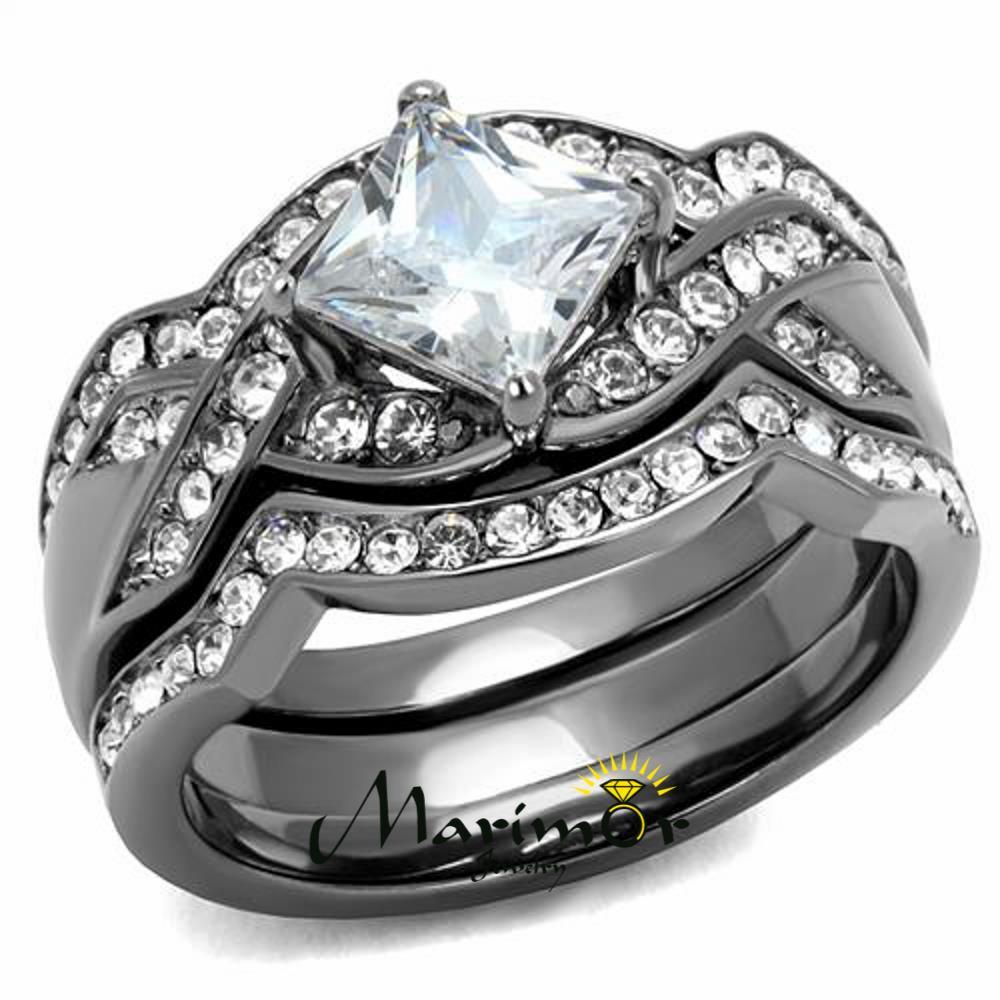 Women’s 2.2 Ct Princess Cut CZ Light Black Stainless Steel Wedding Ring Set