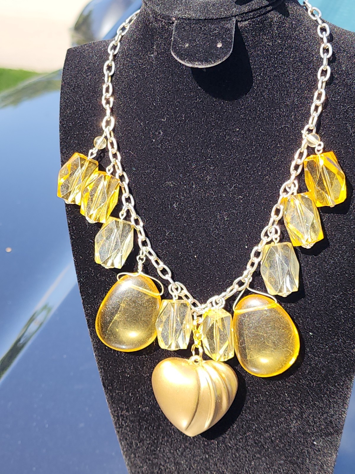 Gold Heart Pendant Statement Necklace Designed With Yellow Vintage French Lucite