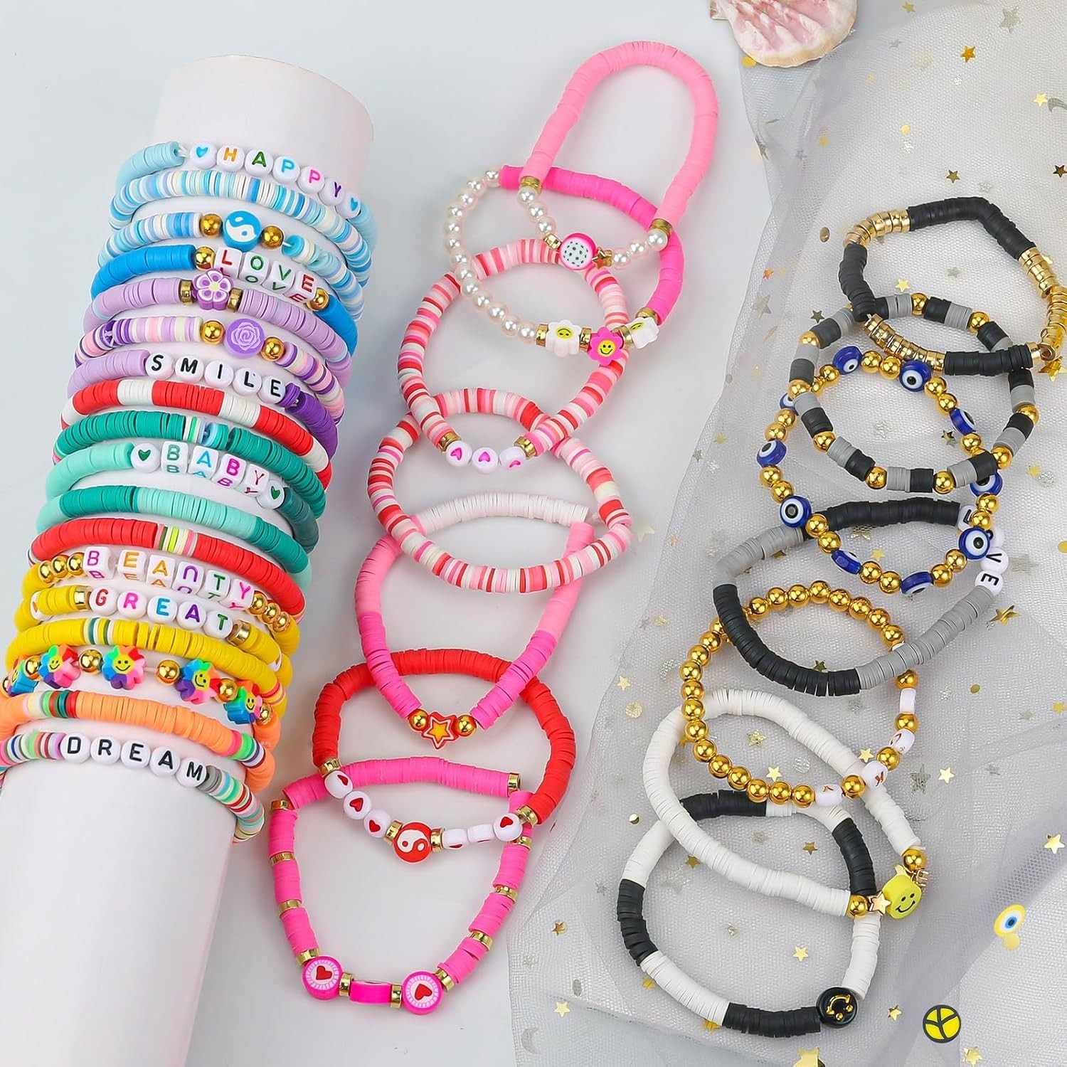 32 Pcs Preppy Jewelry Bracelets for Women Clay Bead Colorful Surfer Heishi Br…