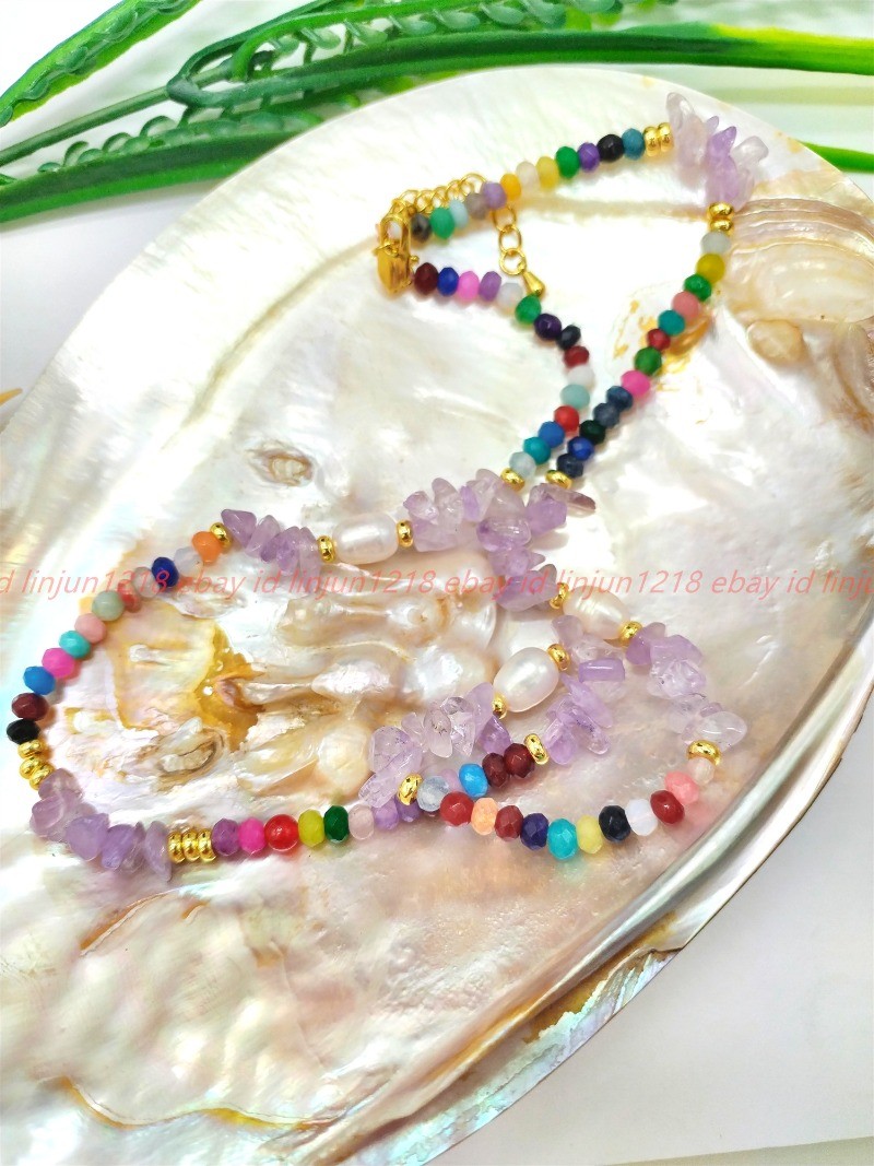 Natural 2x4mm Multicolor Jade Amethyst Crushed Stone White Pearl Necklace16-36in