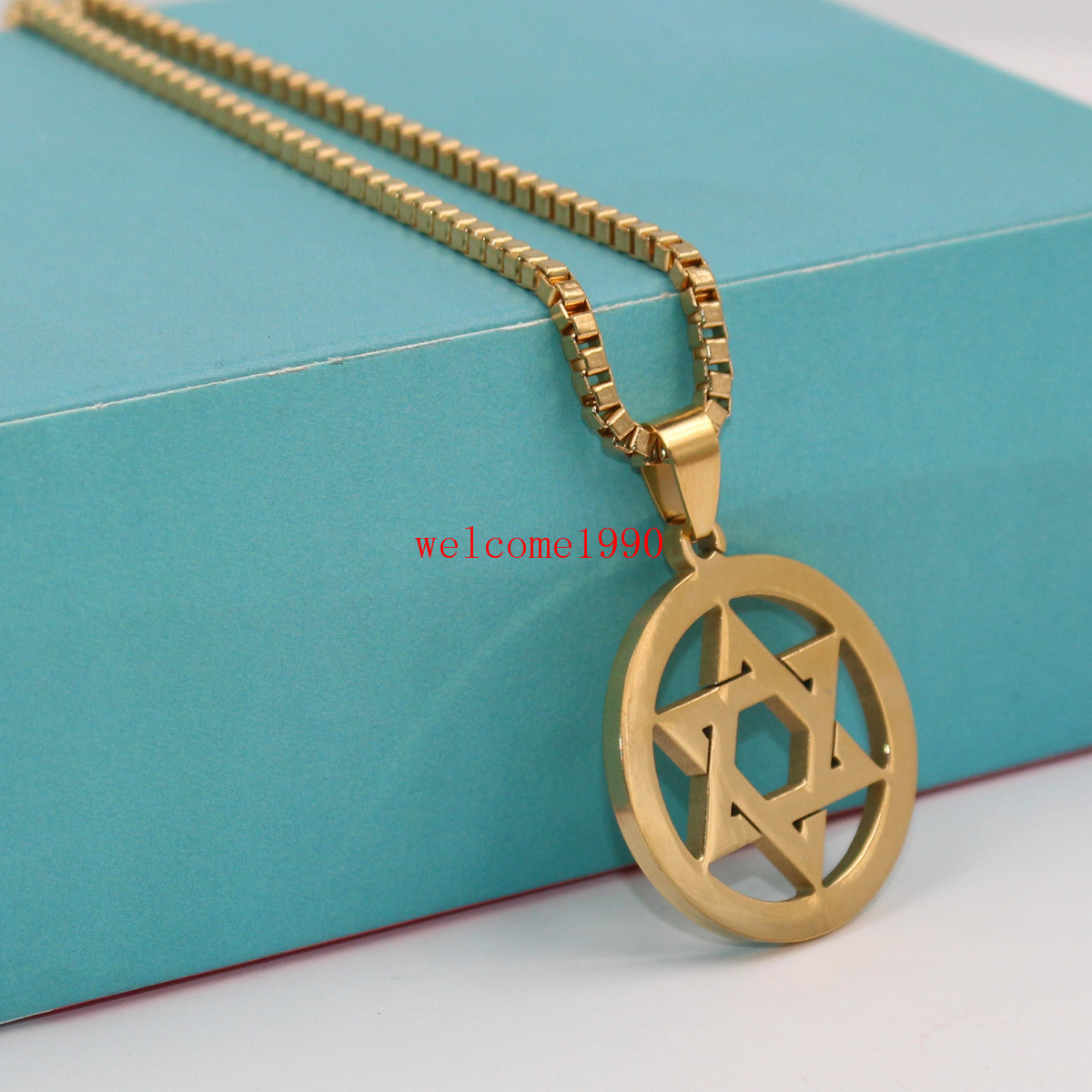 Silver/Gold color Stainless steel star of David Pendant Box Chain Necklace Men