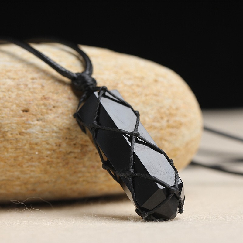 Natural Black Obsidian Stone Pendant Black Gemstone Wrap Charm Necklace Handmade