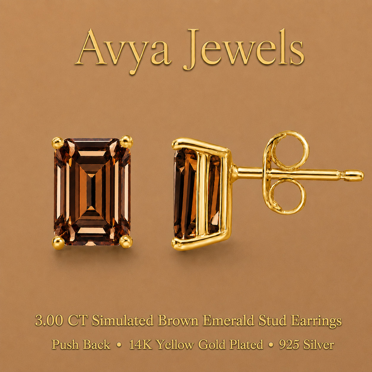 3.00CT Simulated Brown Diamond Stud Earrings Push Back 14k Yellow Gold Plated