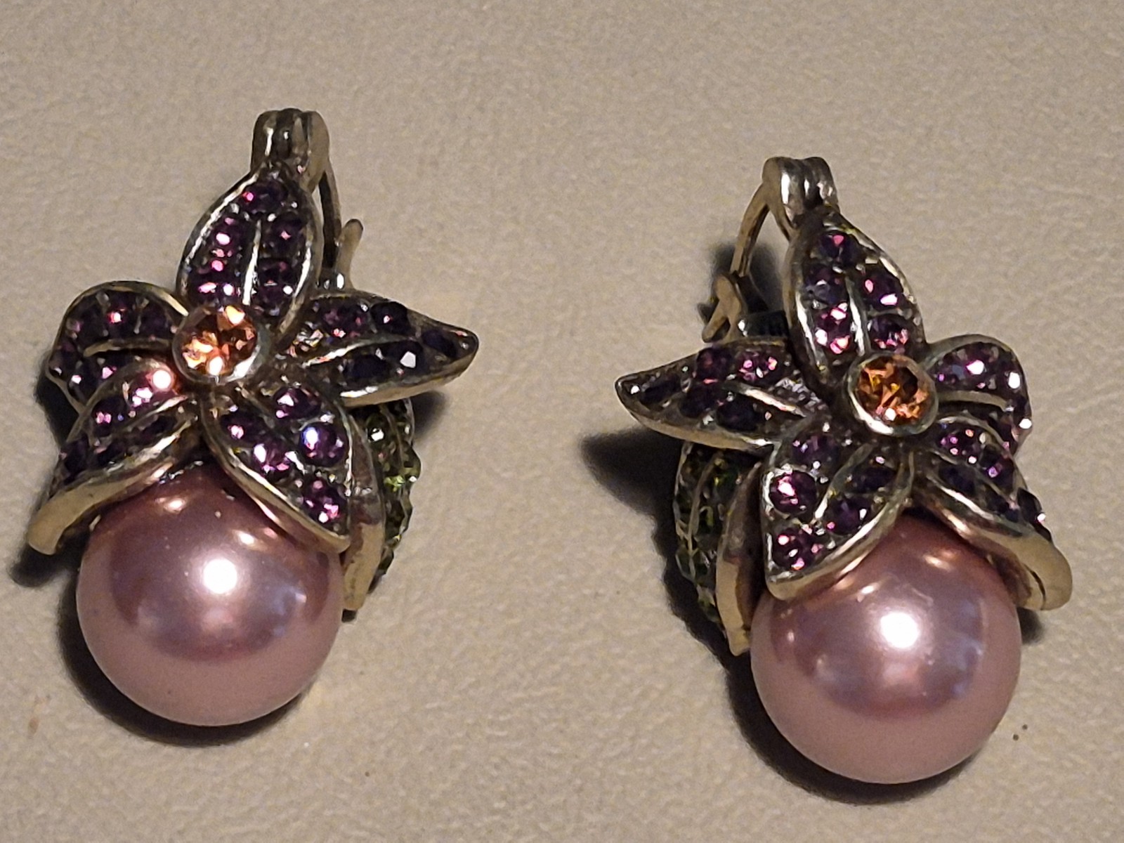 Heidi Daus Purple Swarovski Crystal and Pearl Pierced Earrings