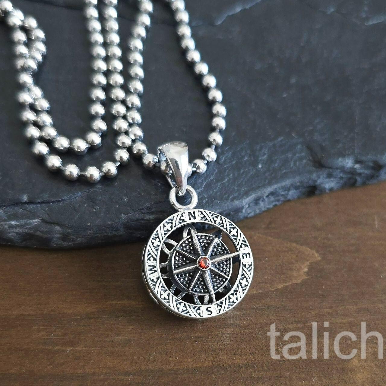 925 Sterling Silver Small Round Compass Pendant with Spin Star & Red CZ Unique