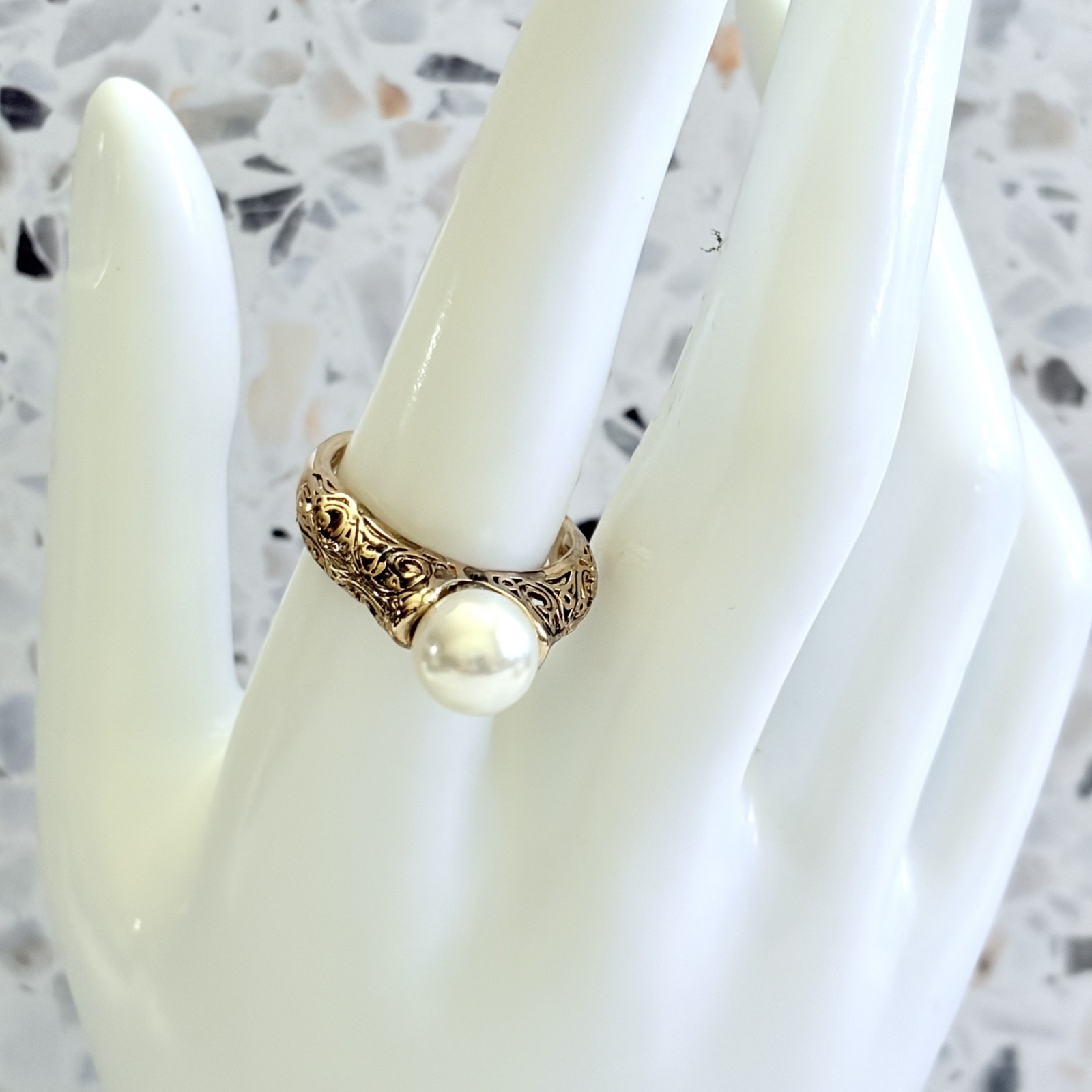 Freshwater Pearl 14k Yellow Gold & 925 Sterling Victorian Women’s Ring