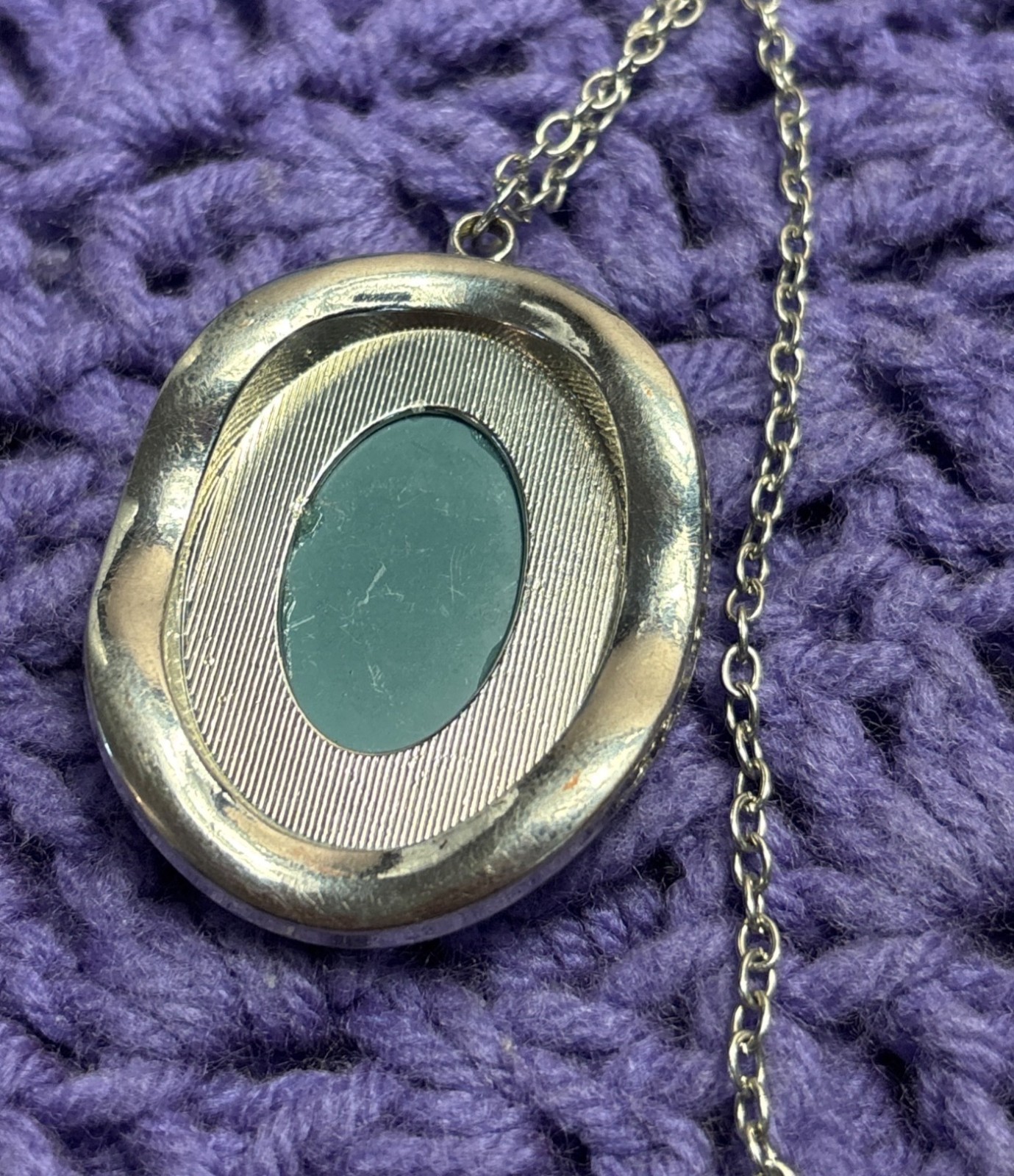 Green Plastic Rhinestone Pendant Necklace Silvertone Oval Clear Rhinestone Halo