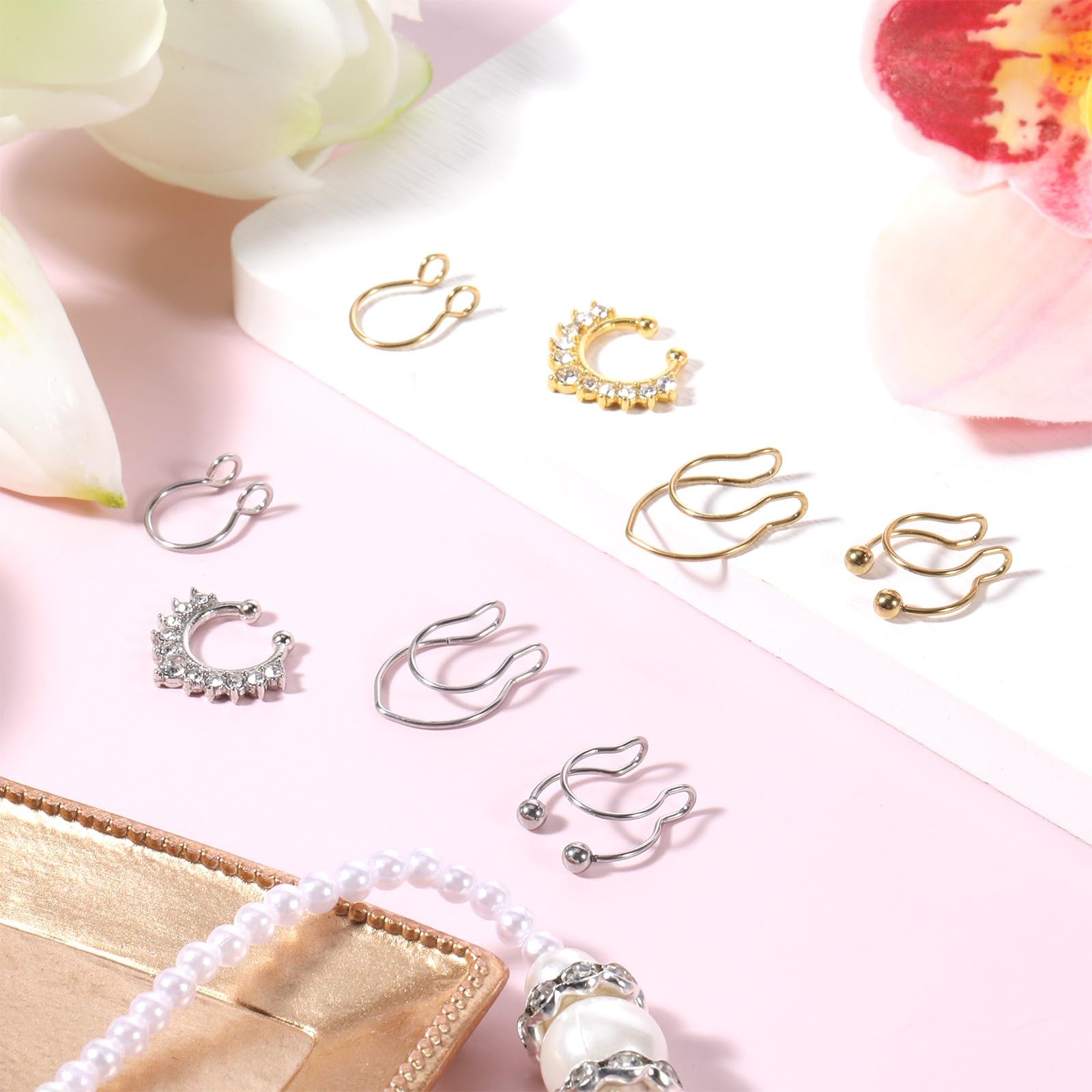 Styquenzer Fake Septum Ring, 8 Pcs Nose Ring 0.8 cm, silver, gold