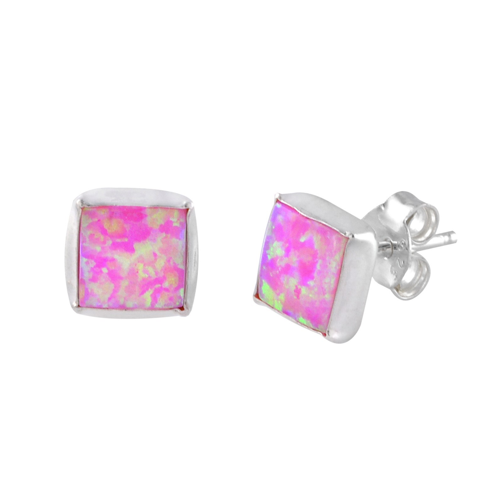 7mm Pink Square Opal Gemstone Earrings Studs Sterling Silver