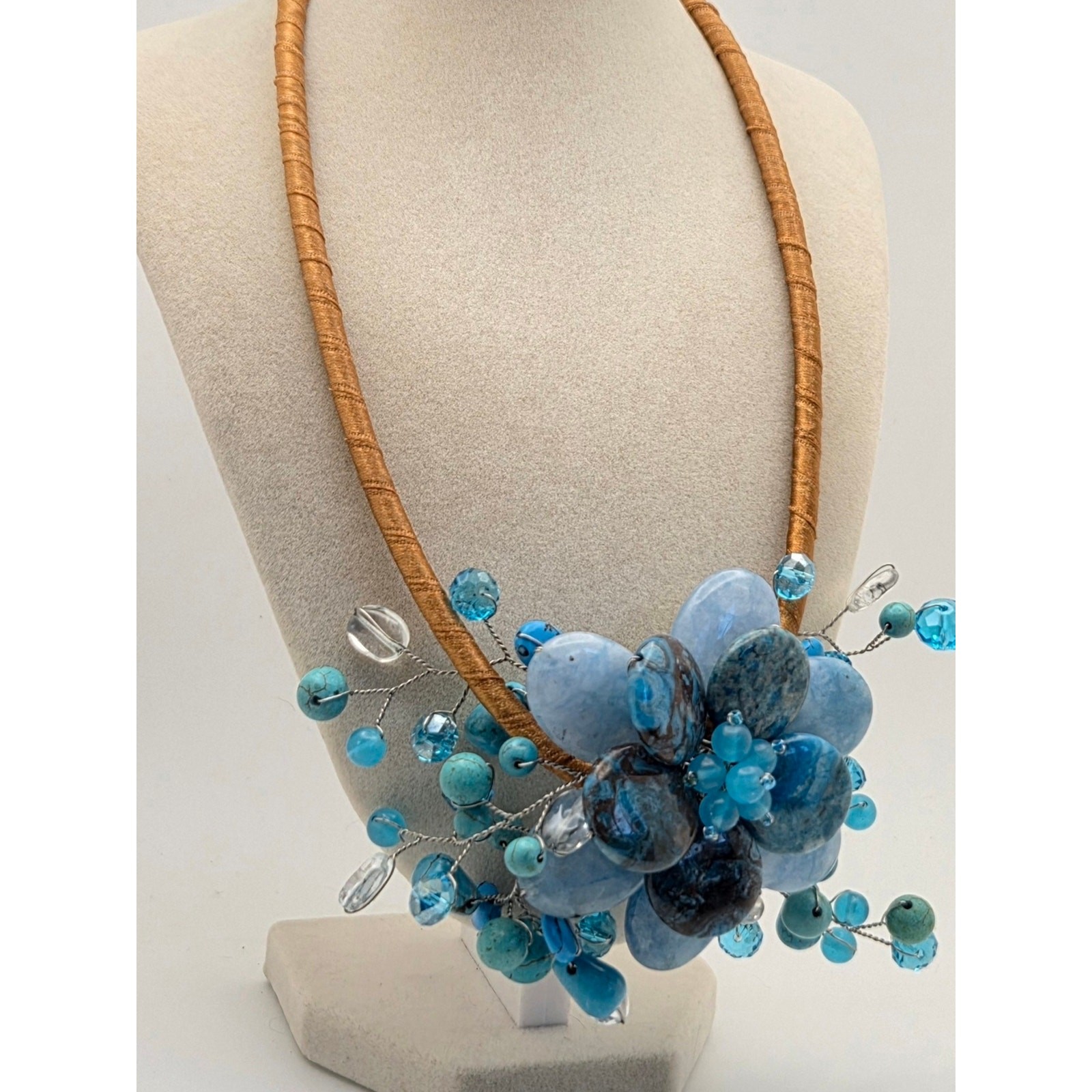 Chunky Blue Stone & Glass Statement Necklace Boho Wire Wrapped 18″