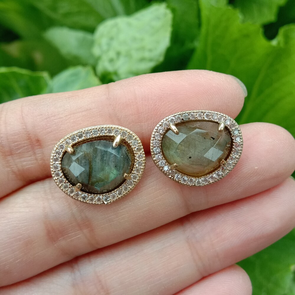 Natural Bezel Set Faceted Labradorite Cubic Zirconia Pave Stud Earrings