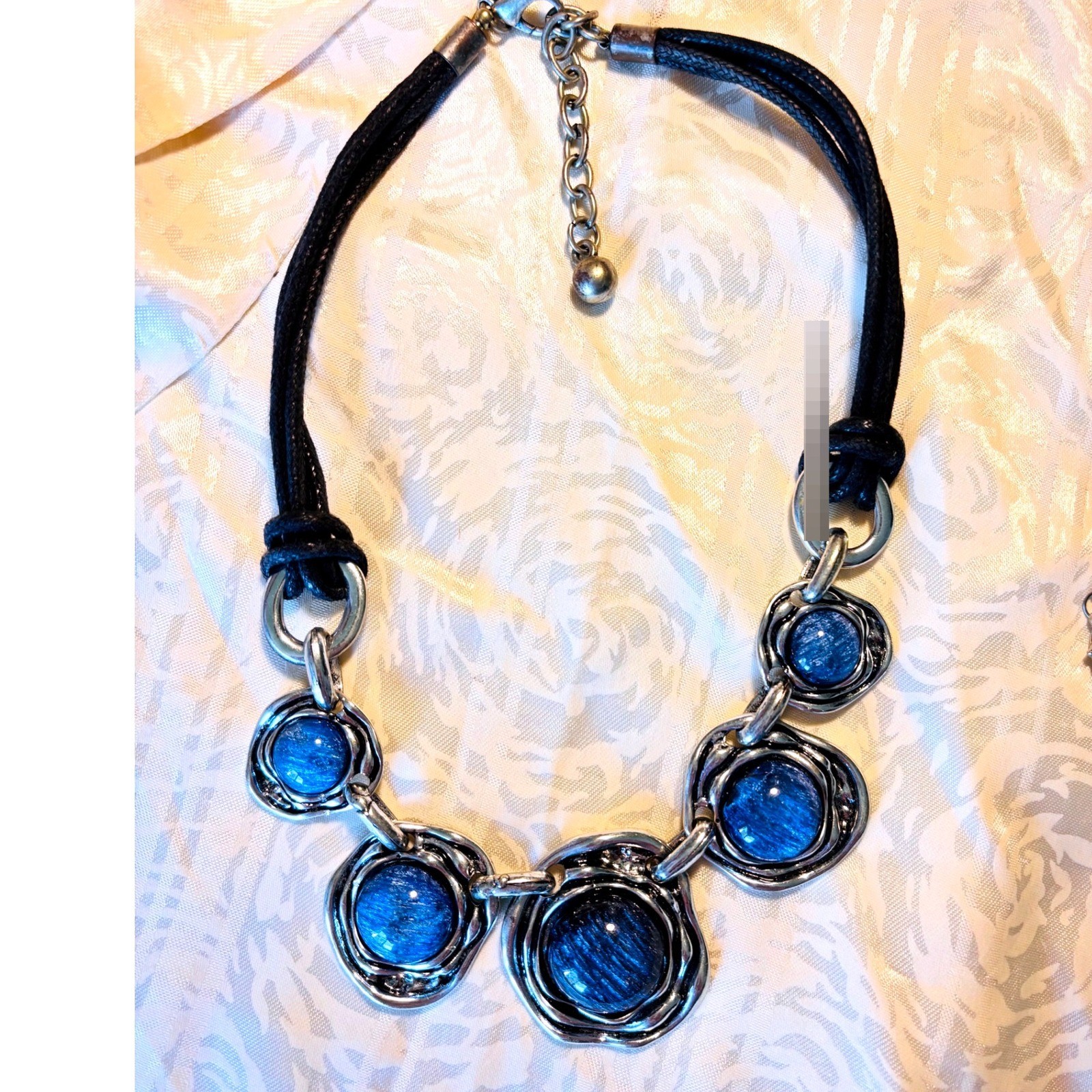 Chunky Blue Cabochon Statement Necklace Silver Tone Hammered Metal Black Cord