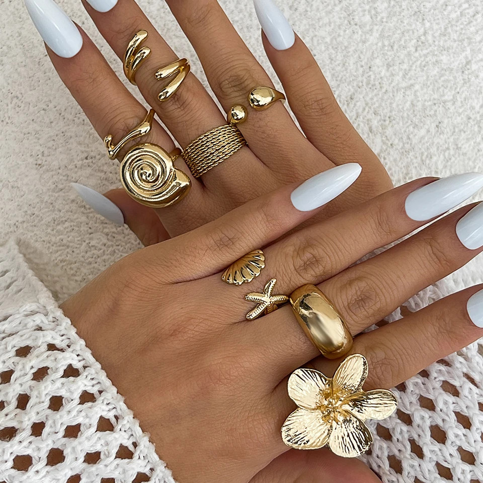Intage Metal Flower Water Drop Open Rings Geometric Daily Jewelry Gift for Women