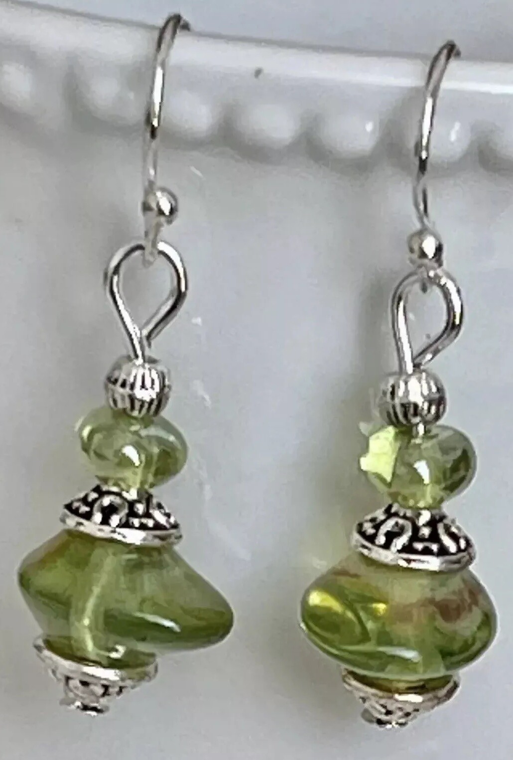 Etched Silver and Green Luster Nugget Bead Dangle Earrings. Boho Chic