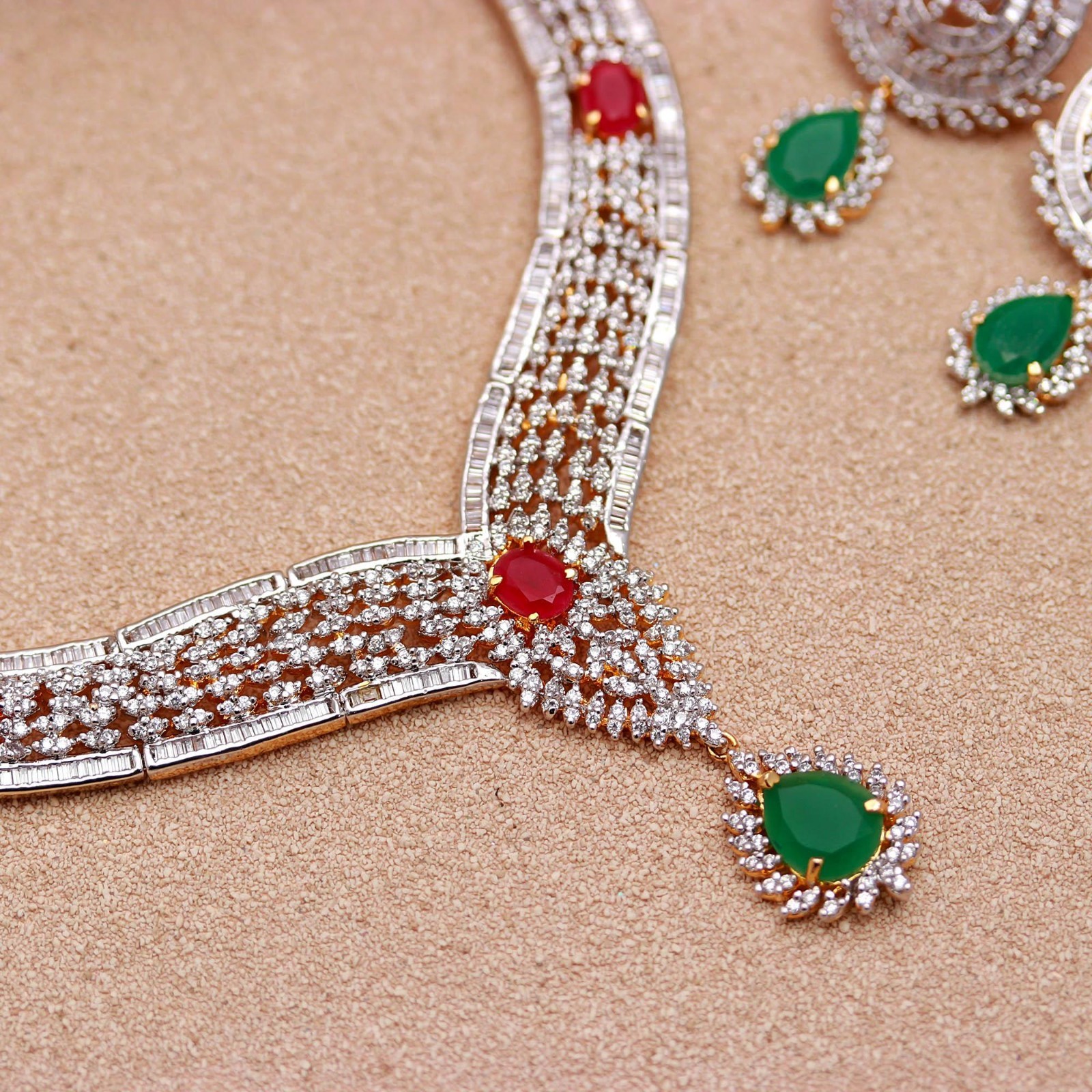 Ruby Emerald White CZ Necklace Earrings Set Gold Plated Bridal Wedding jewelry
