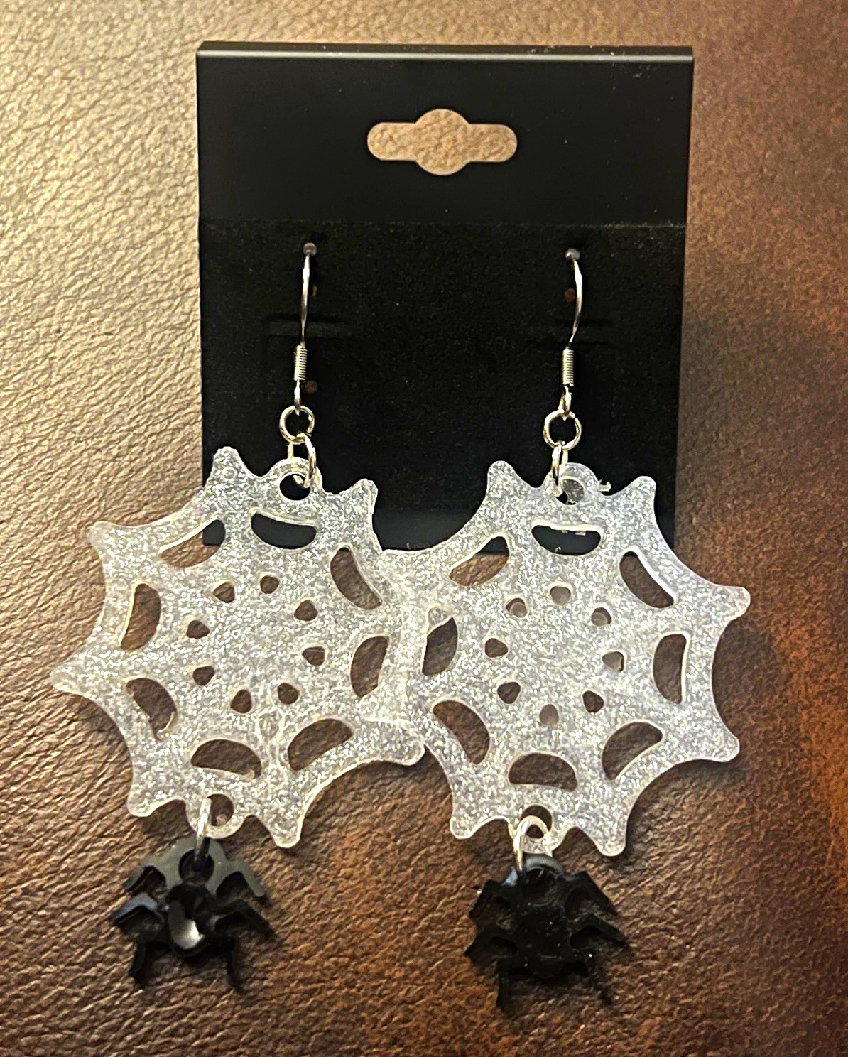 White glitter tone Spider Web Dangle/Drop Earrings Hook Black Spider