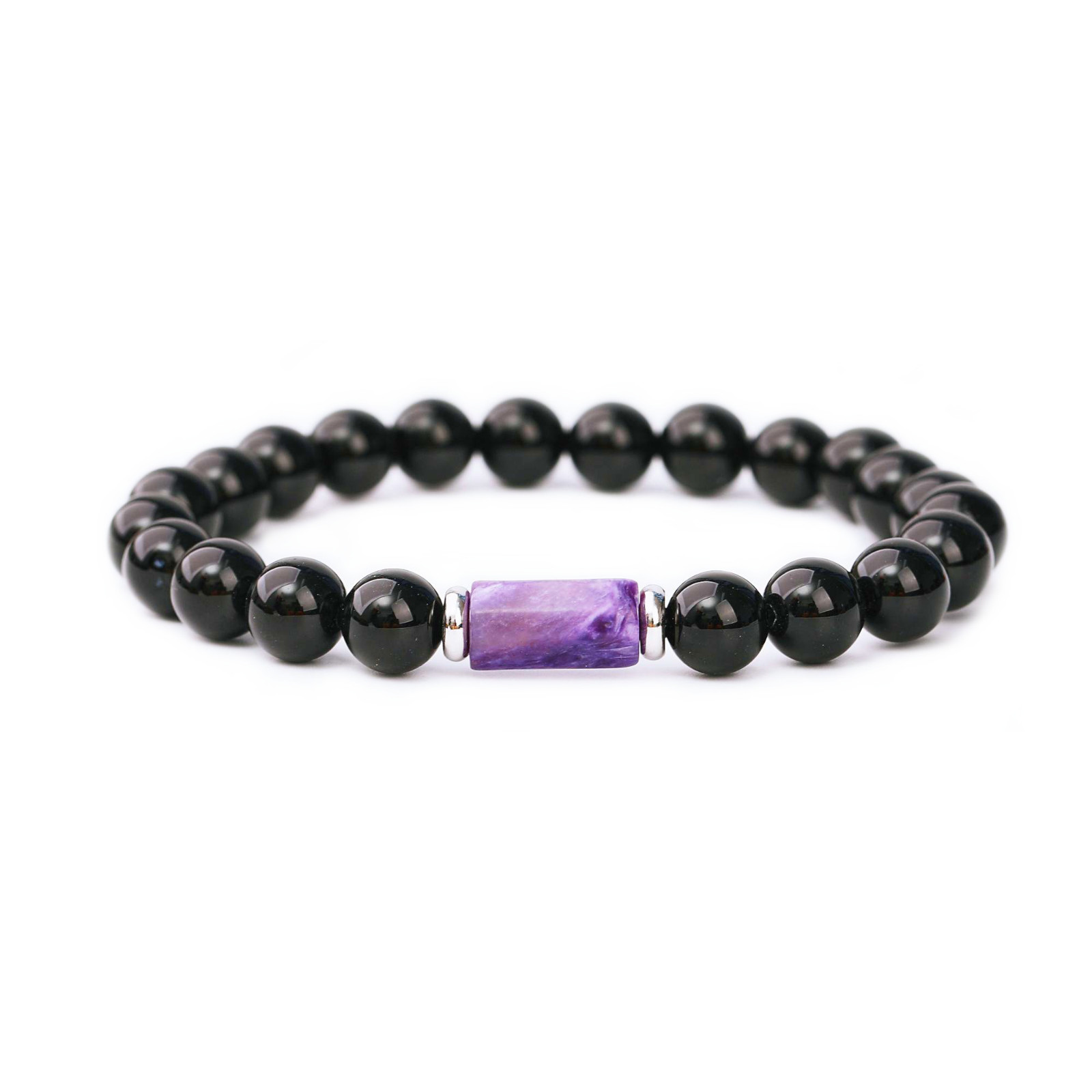 Handmade Natural Stone Purple Charoite Black Agate Beaded Bracelet Men’s Women’s