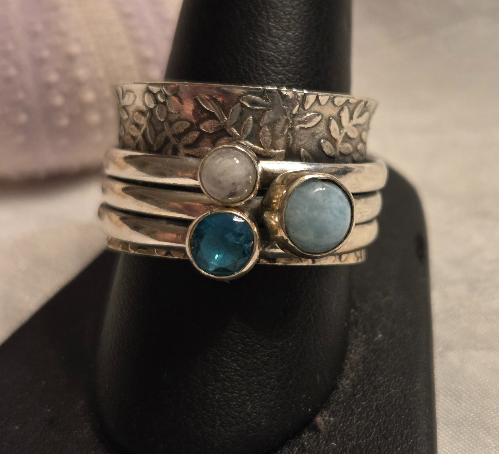Fun Sterling Silver Spinner Ring with Larimar, Blue Topaz, and White Moonstone