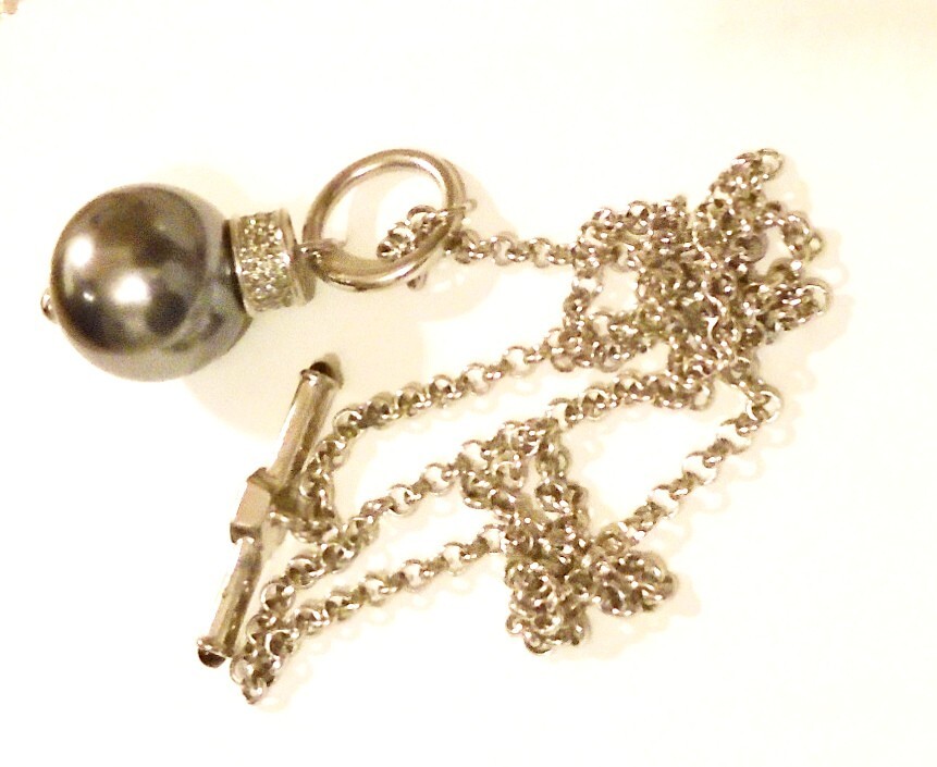 Jaeger Long Chain Faux Grey Pearl Fob Necklace diamante silver-tone signed vgc
