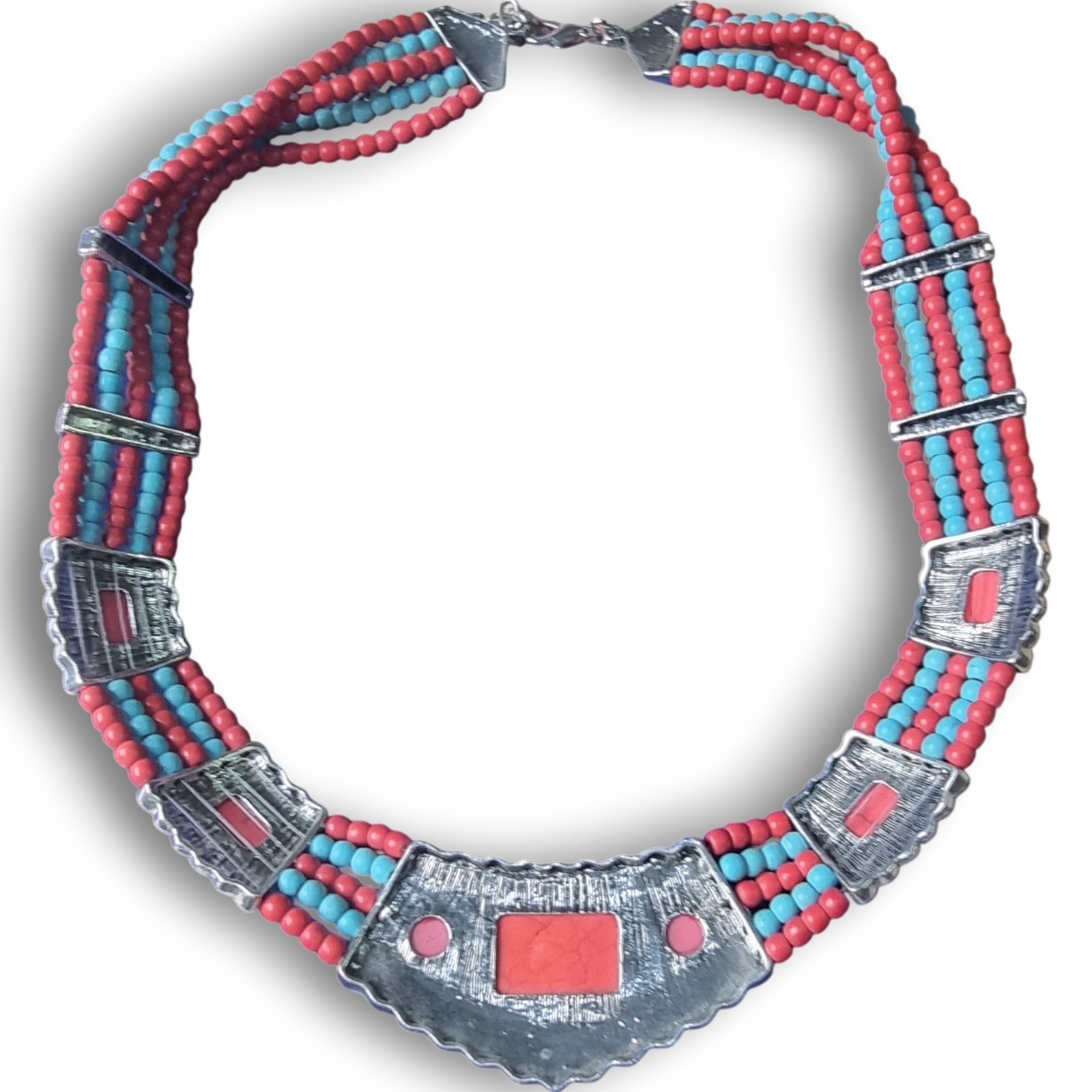 Boho Multi Strand Beaded Statement Necklace Silver Tone Red Faux Turquoise