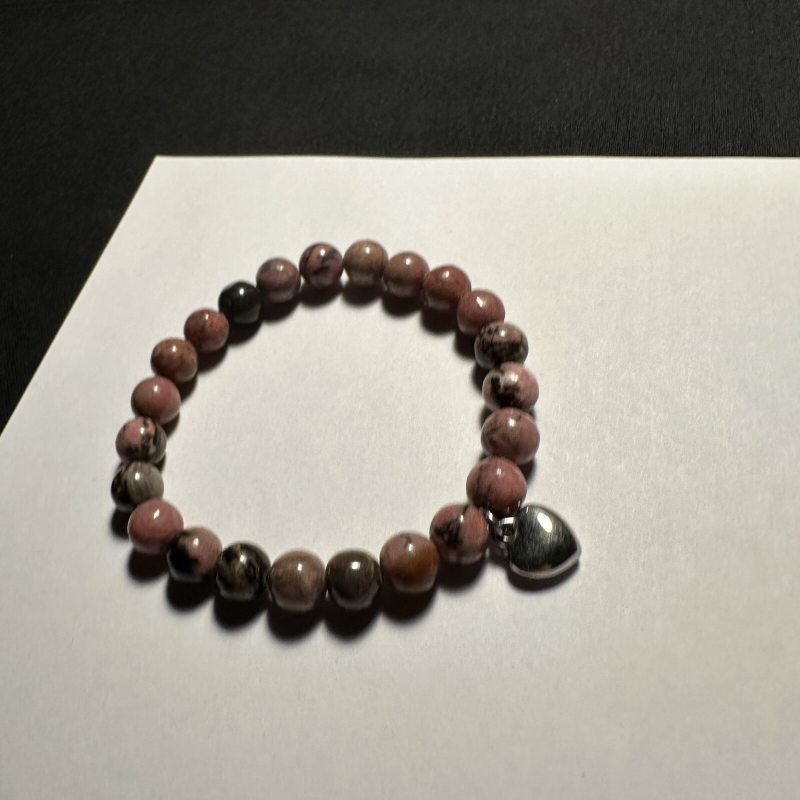 Beaded Semi Precious Gem Stone Stretchy Bracelet 6 3/8 Inch Heart Charm
