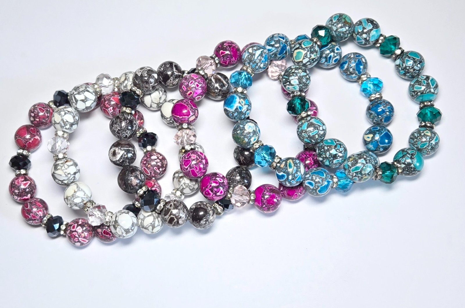 Stone Bracelet Stretch Beaded Multi Black Red White Blue Woman Lot 6 Daily