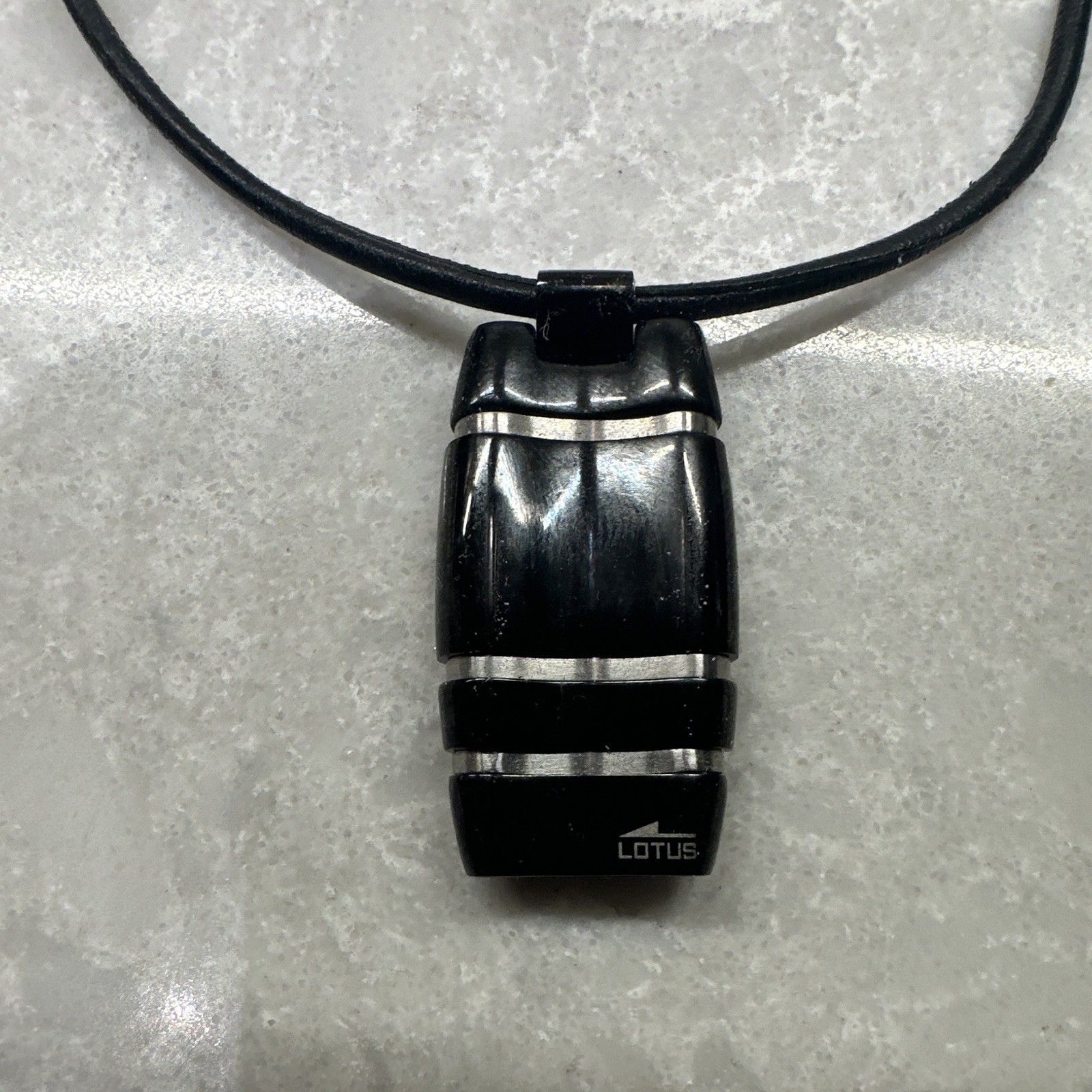 Lotus Black Leather Cord Necklace, Silver Rectangle Charm Pendant, Lobster Clasp
