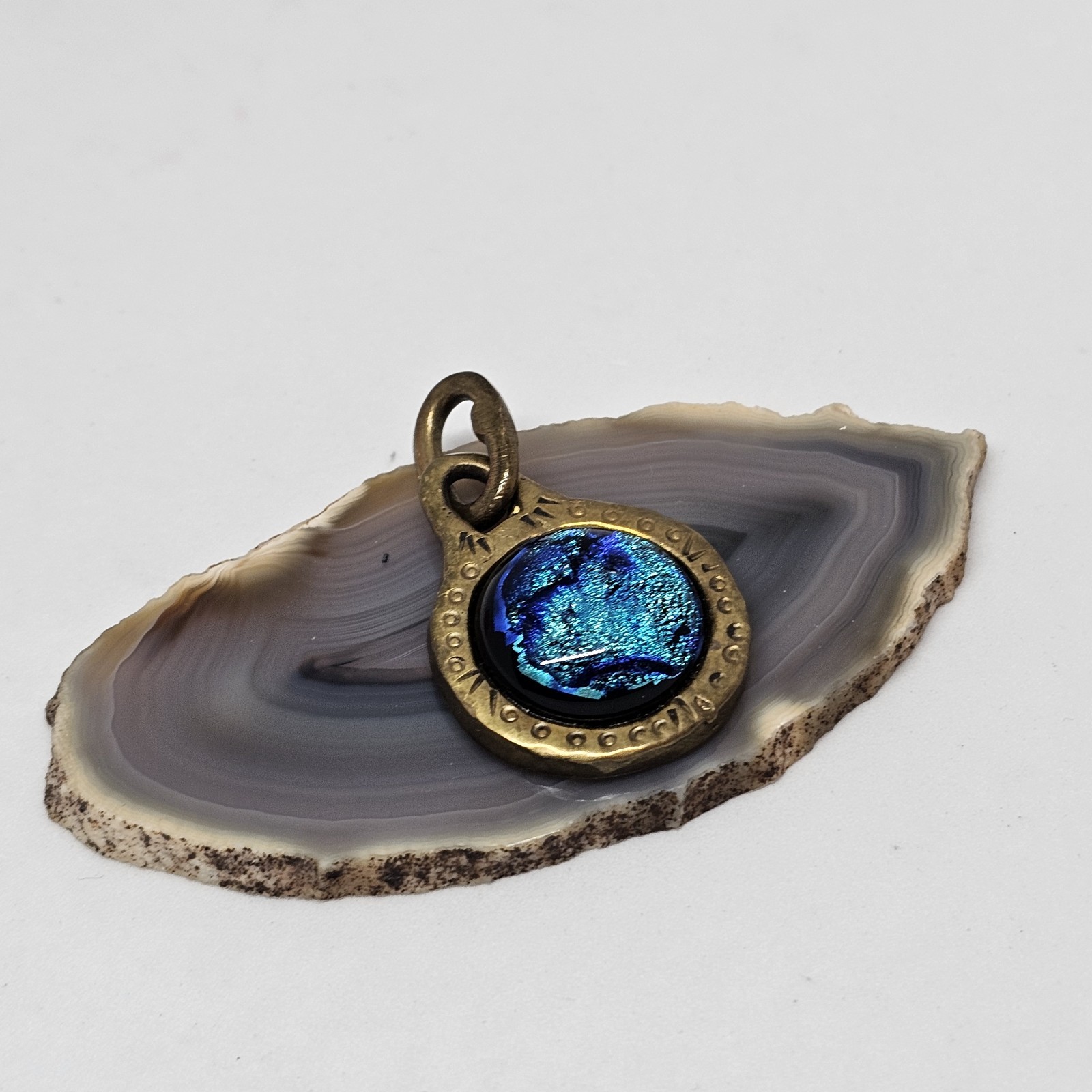 Dichroic Fused Glass Round Pendant Brass Blue Minimalist Statement Jewelry BJ