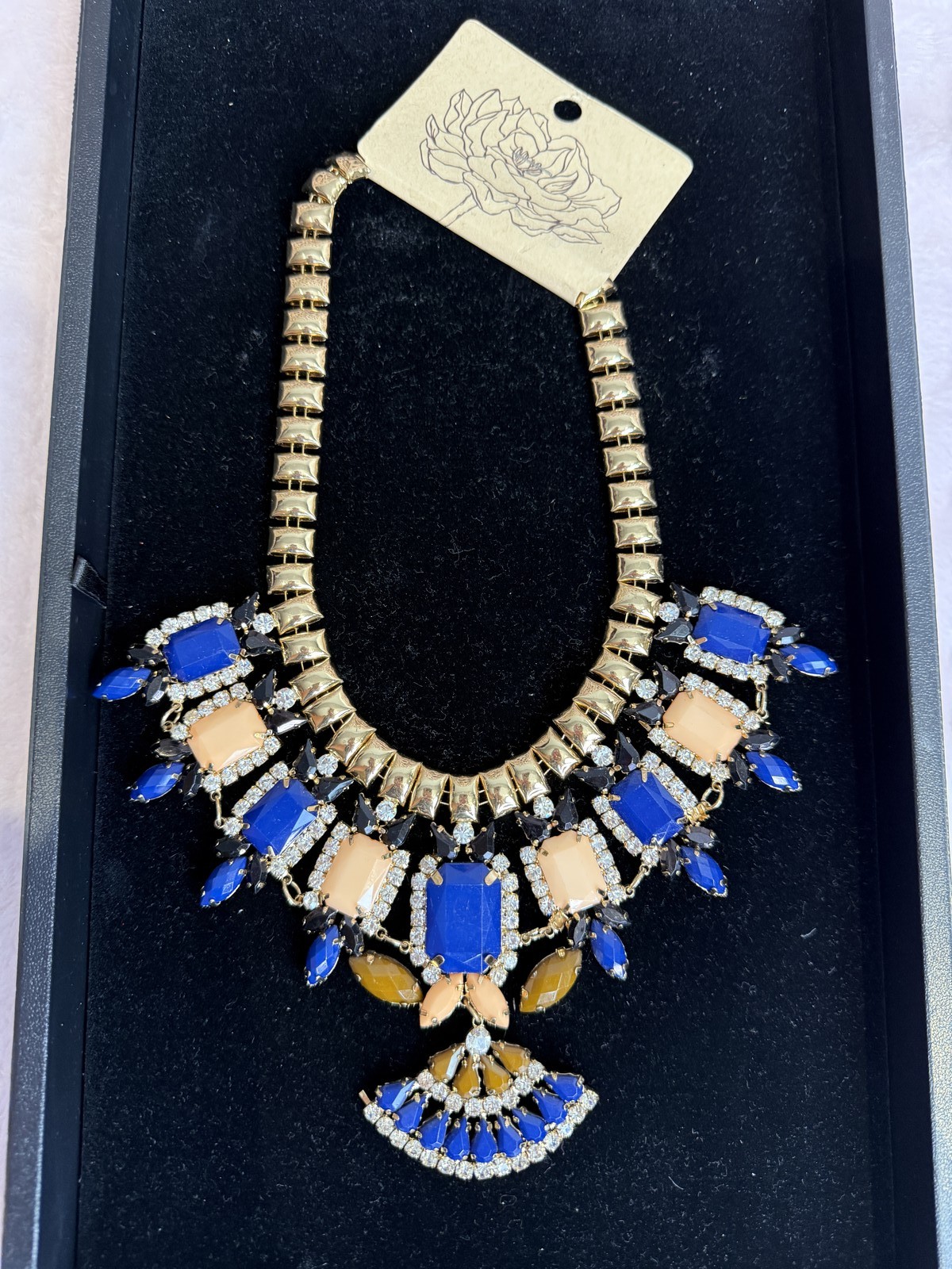 Gold Tone Statement Bib Necklace Blue Peach Amber Rhinestone Collar Fan Drop