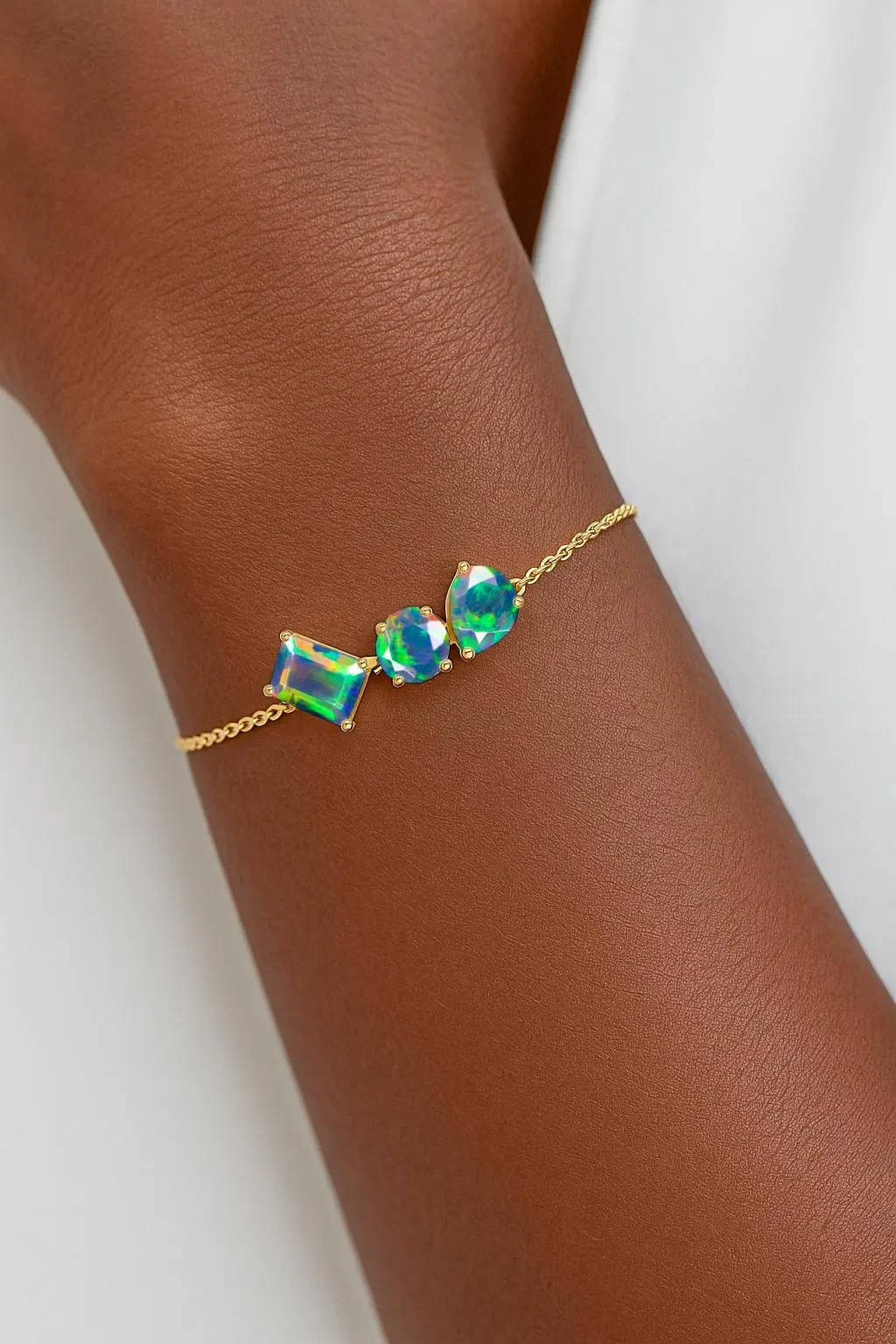 Fire Black Opal Three Stone Chain Bracelet – 925 Sterling Silver Chain Bracelet