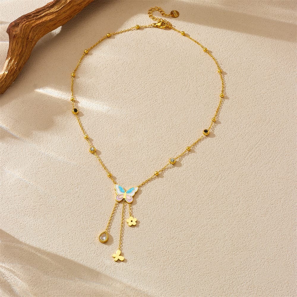316L Stainless Steel Enamel Butterfly Tassel Jewelry Set for Women