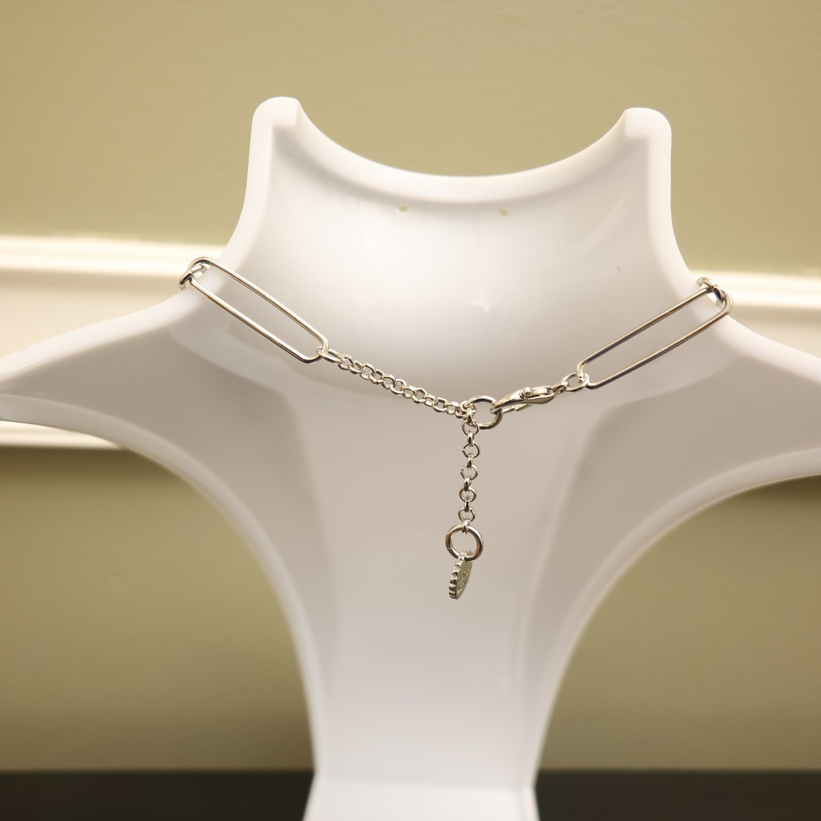 Marlyn Schiff necklace paperclip chain silvertone w crystals signed nickel free