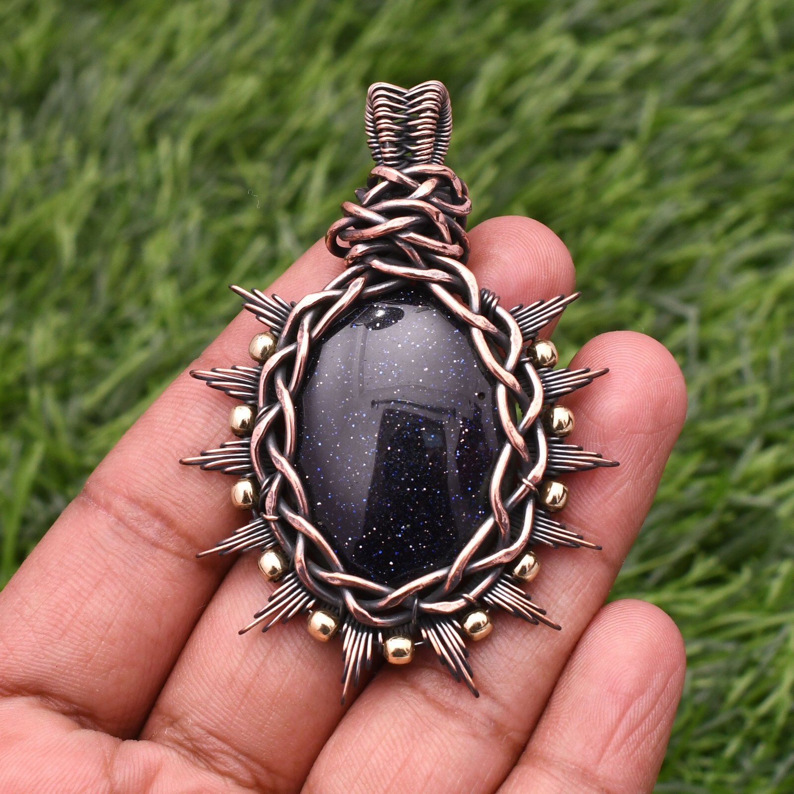 Blue Sun Stone Gemstone Copper Wire Wrap Handmade Jewelry Pendant 2.28″