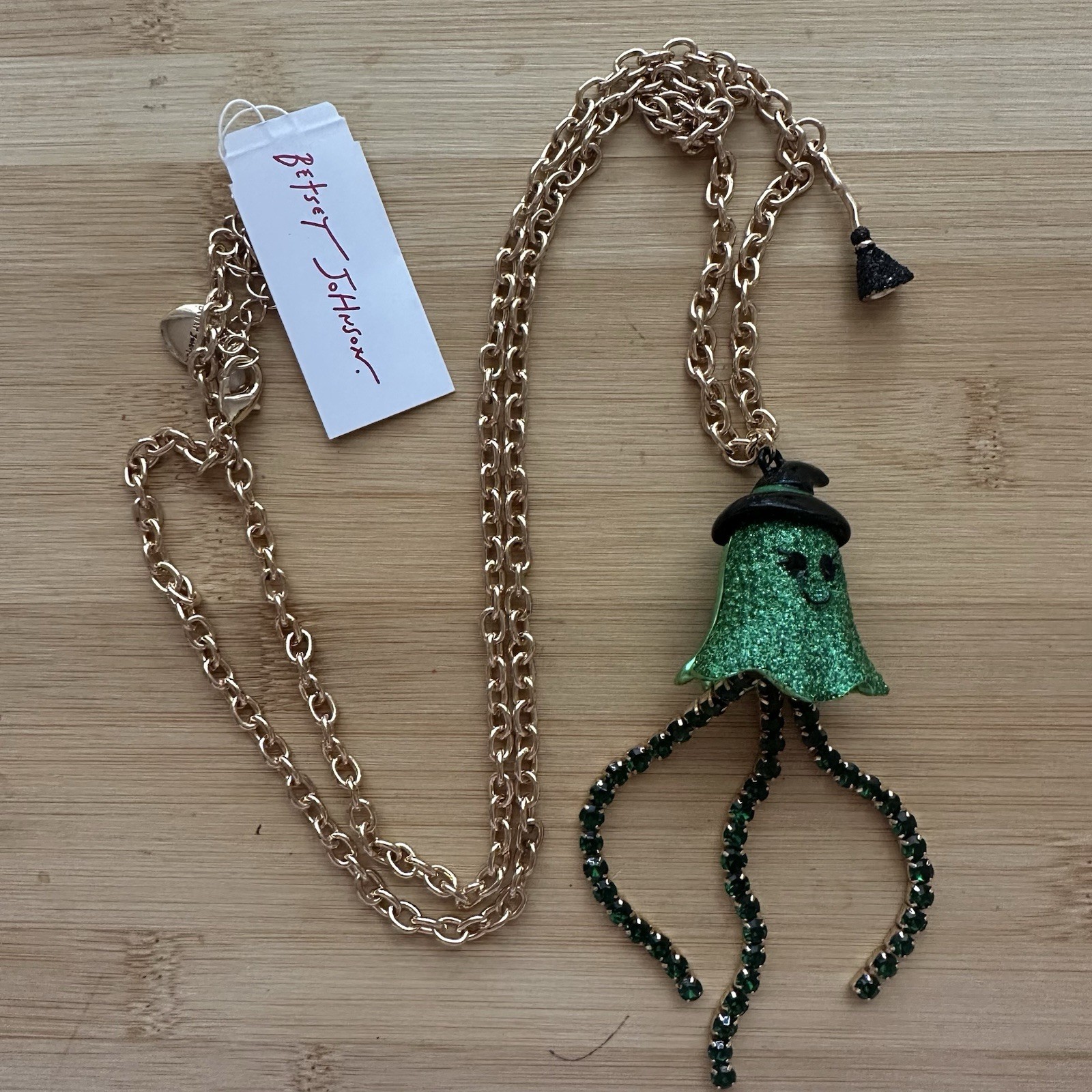 Halloween Betsey Johnson Green Glitter Ghost Rhinestone Witch Necklace NWT