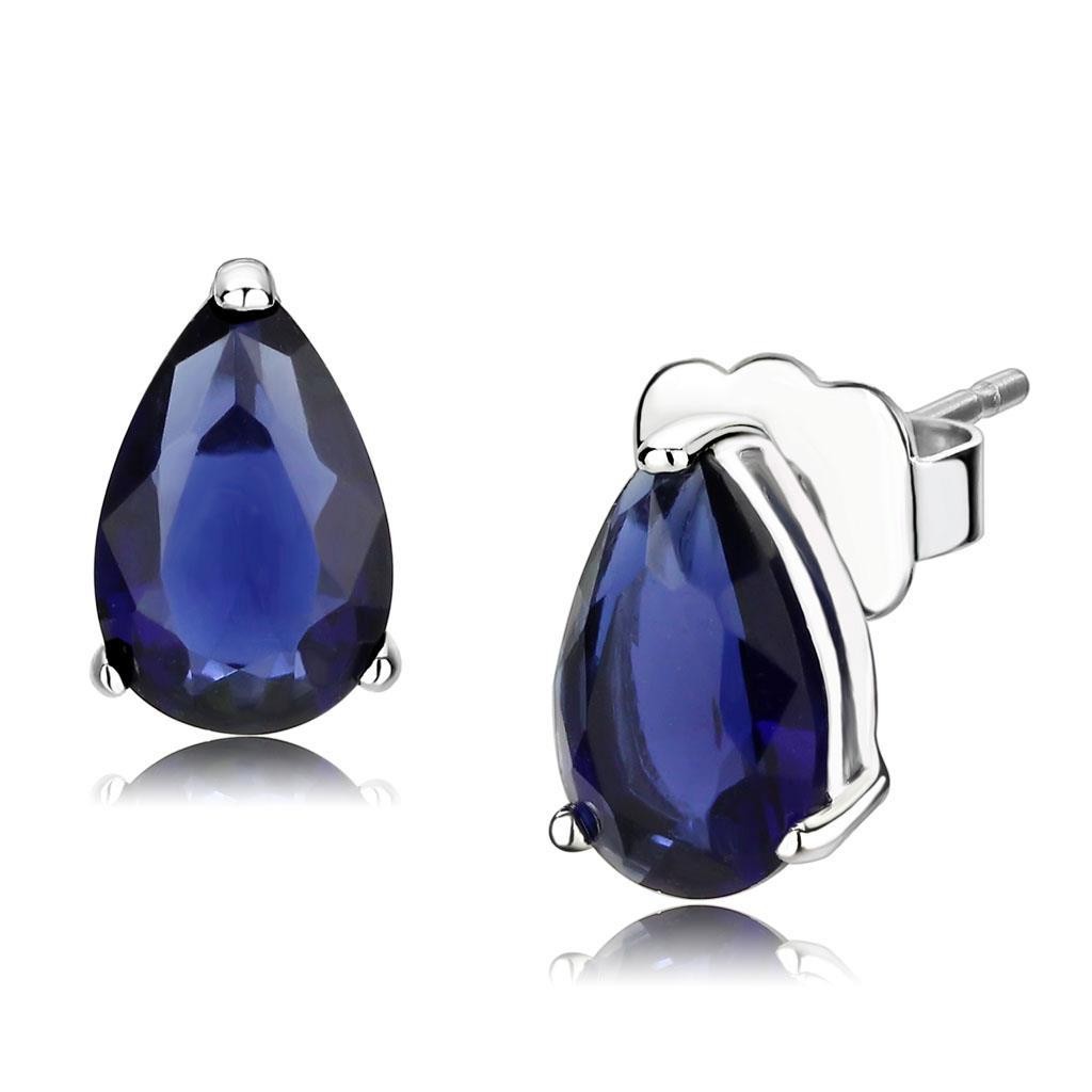 Rhodium Plated .925 Sterling Silver Royal Blue Pear Cut CZ Earrings