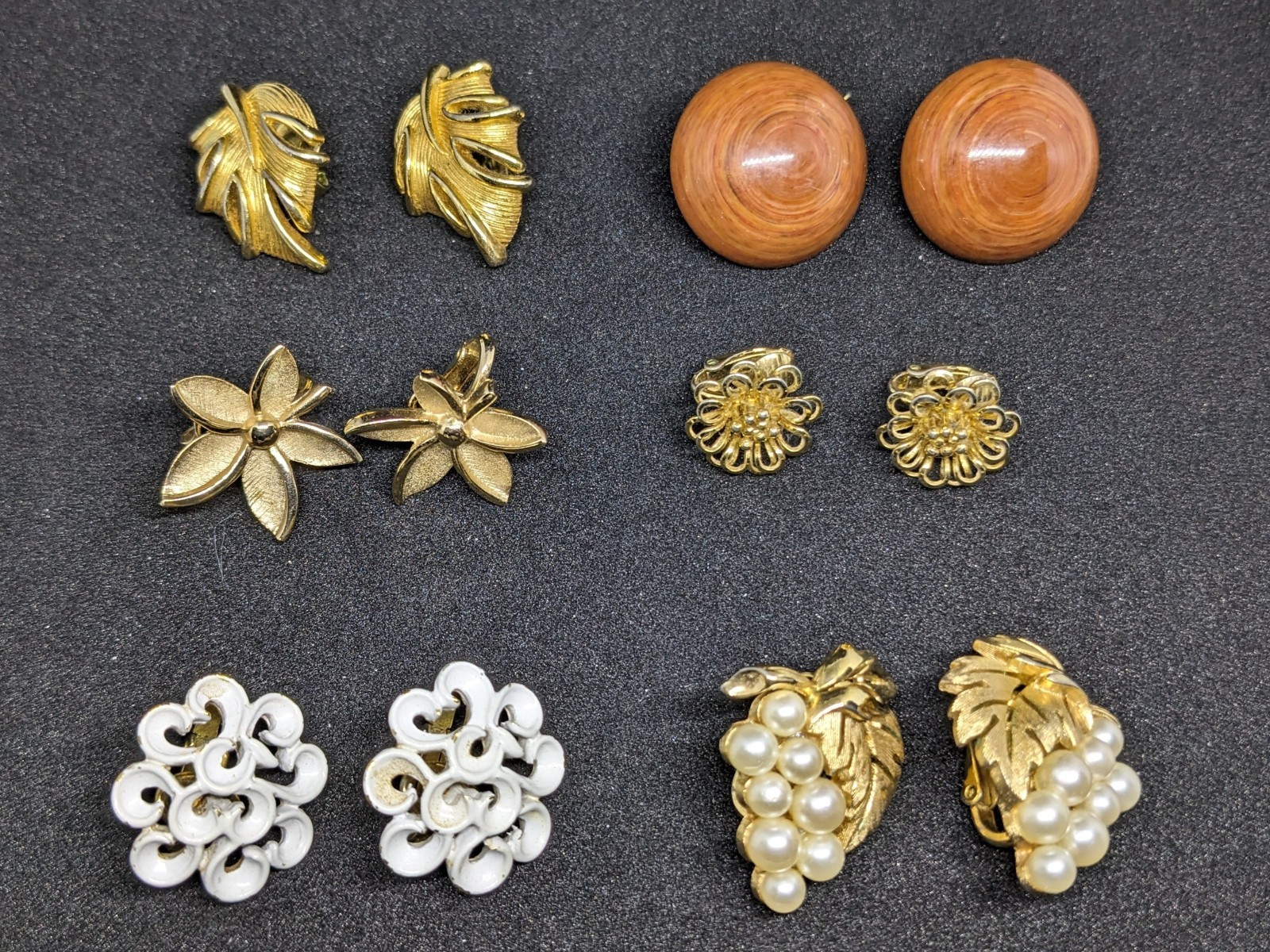 Six Pairs Vintage Crown Trifari Clip-On Earrings; include Grape Leaf Cluster