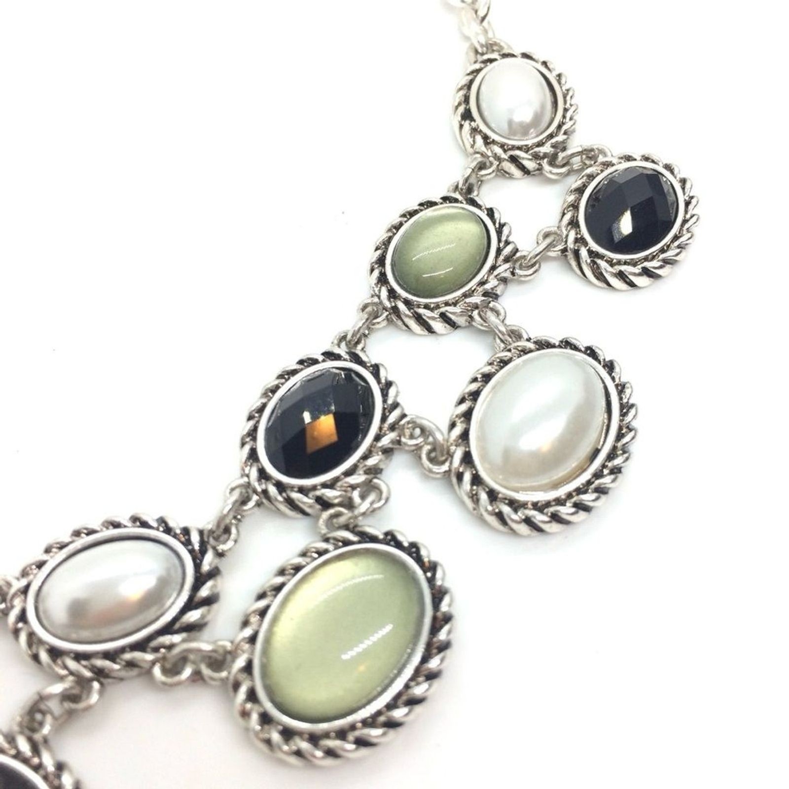 DANA BUCHMAN STATEMENT NECKLACE PEARL CABOCHON BIB COLLAR SILVER TONE REGAL