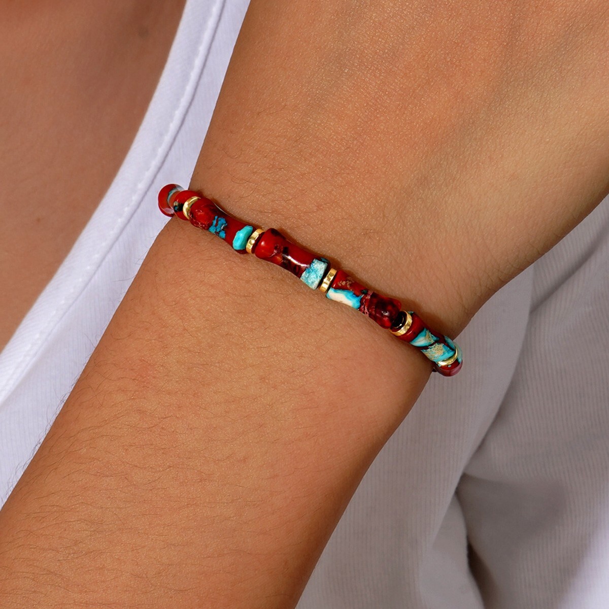 Sea Sediment Jasper Bamboo Shaped Blue Red Beads Woven Healing Gemstone Bracelet