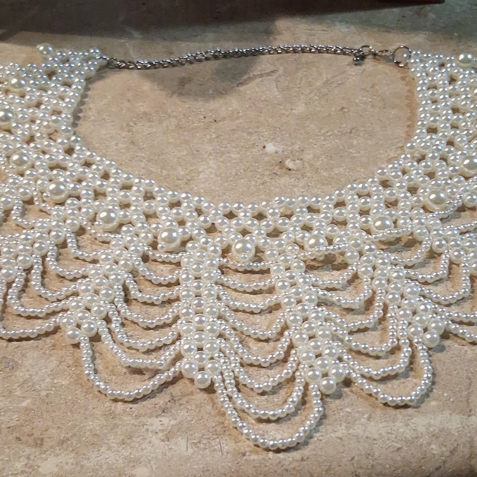 White Imitation Pearl Beaded Bib Collar Statement Necklace, Round Beads