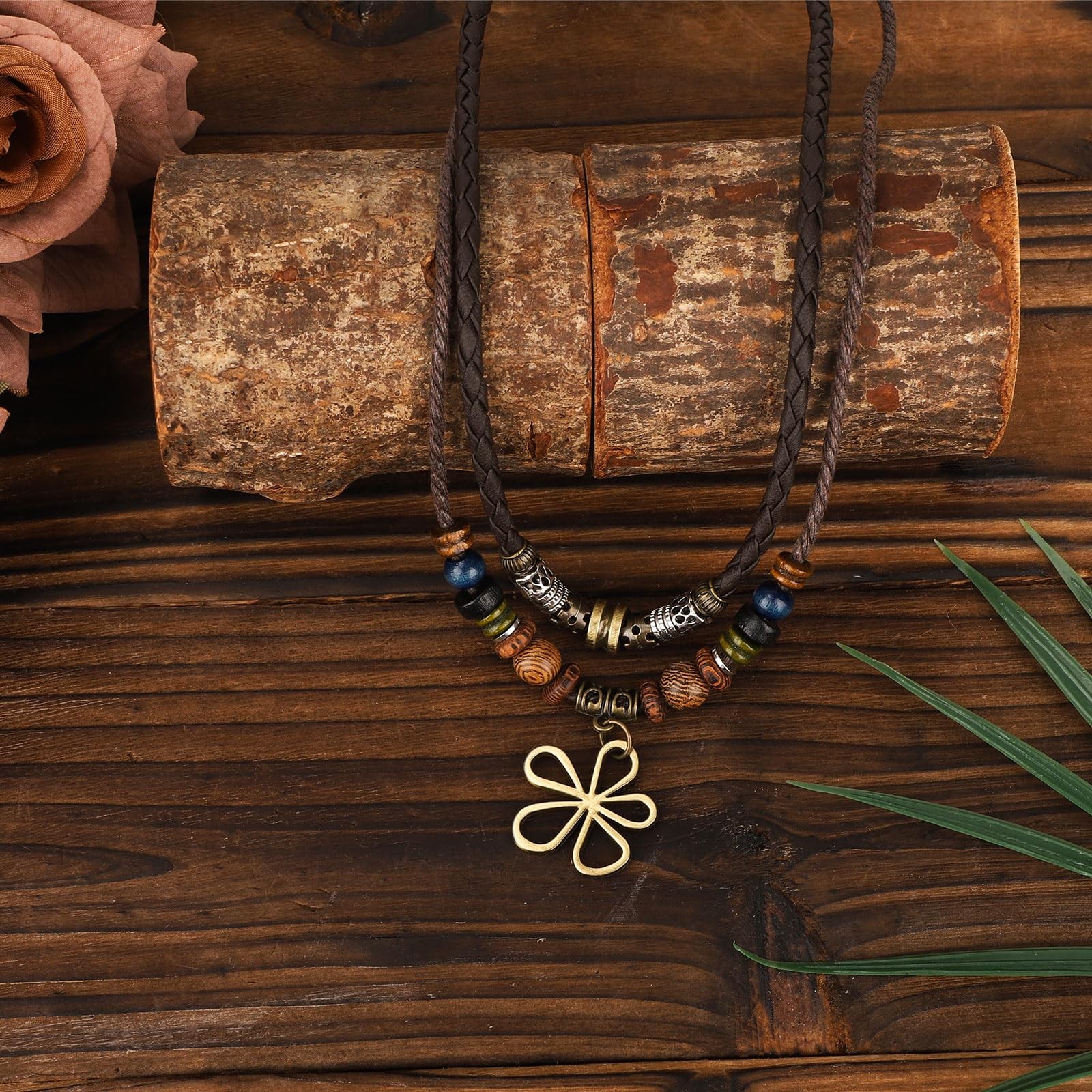 Mikovivi MultiLayer Boho Wood Bead Necklace, Bohemian Hollow Flower Pendant N…